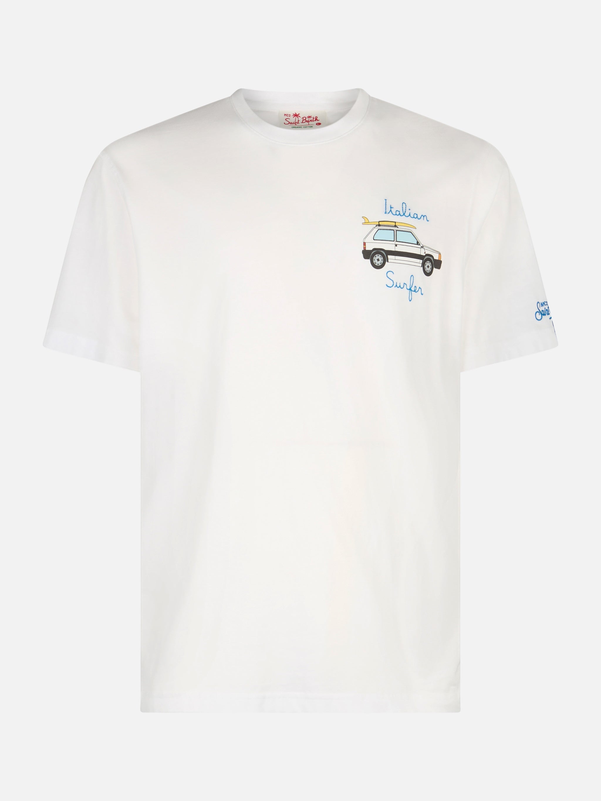 Man Cotton T-Shirt With Panda Print And Italian Surfer Embroidery | Special Edition White