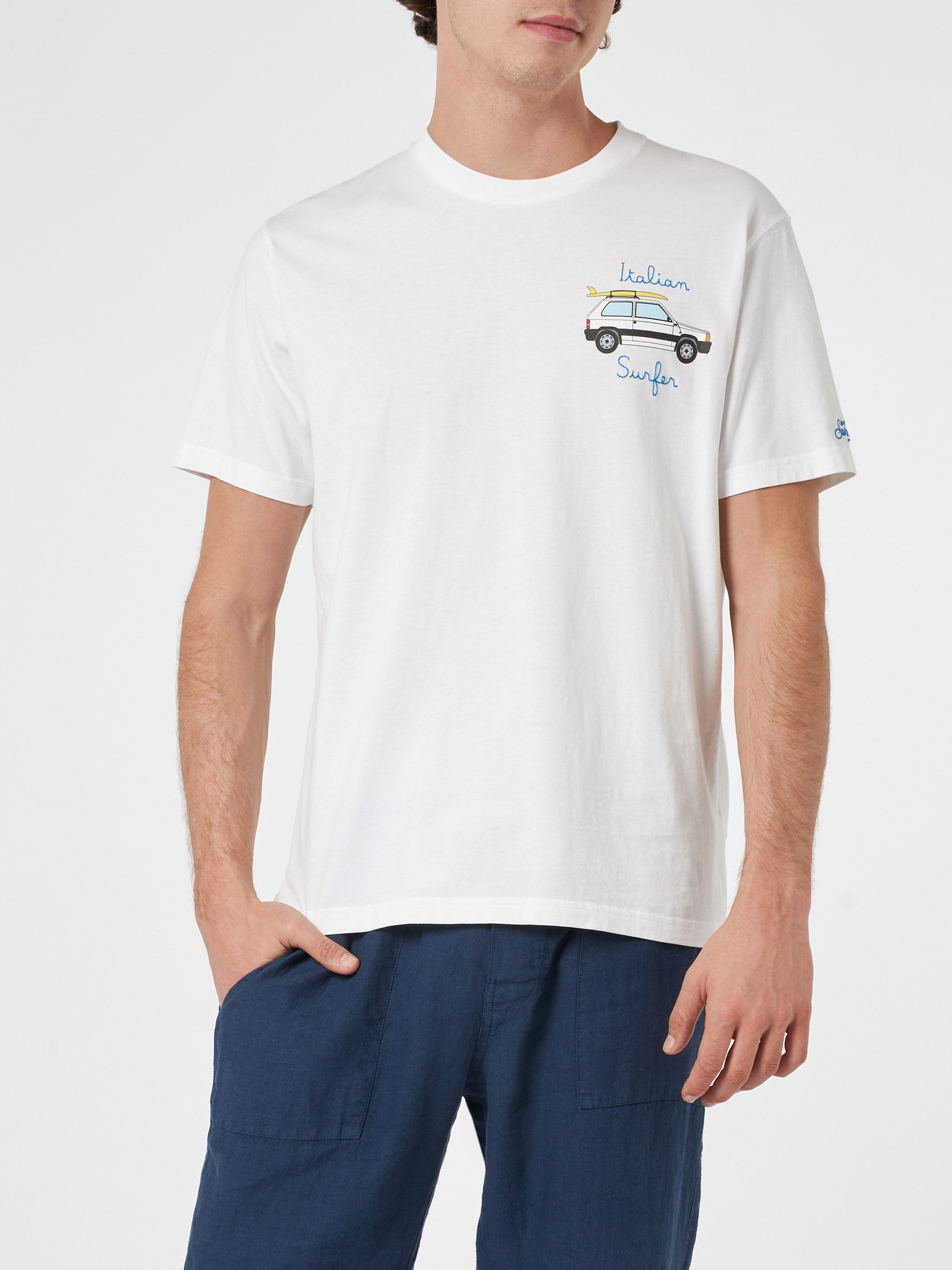 Man Cotton T-Shirt With Panda Print And Italian Surfer Embroidery | Special Edition White