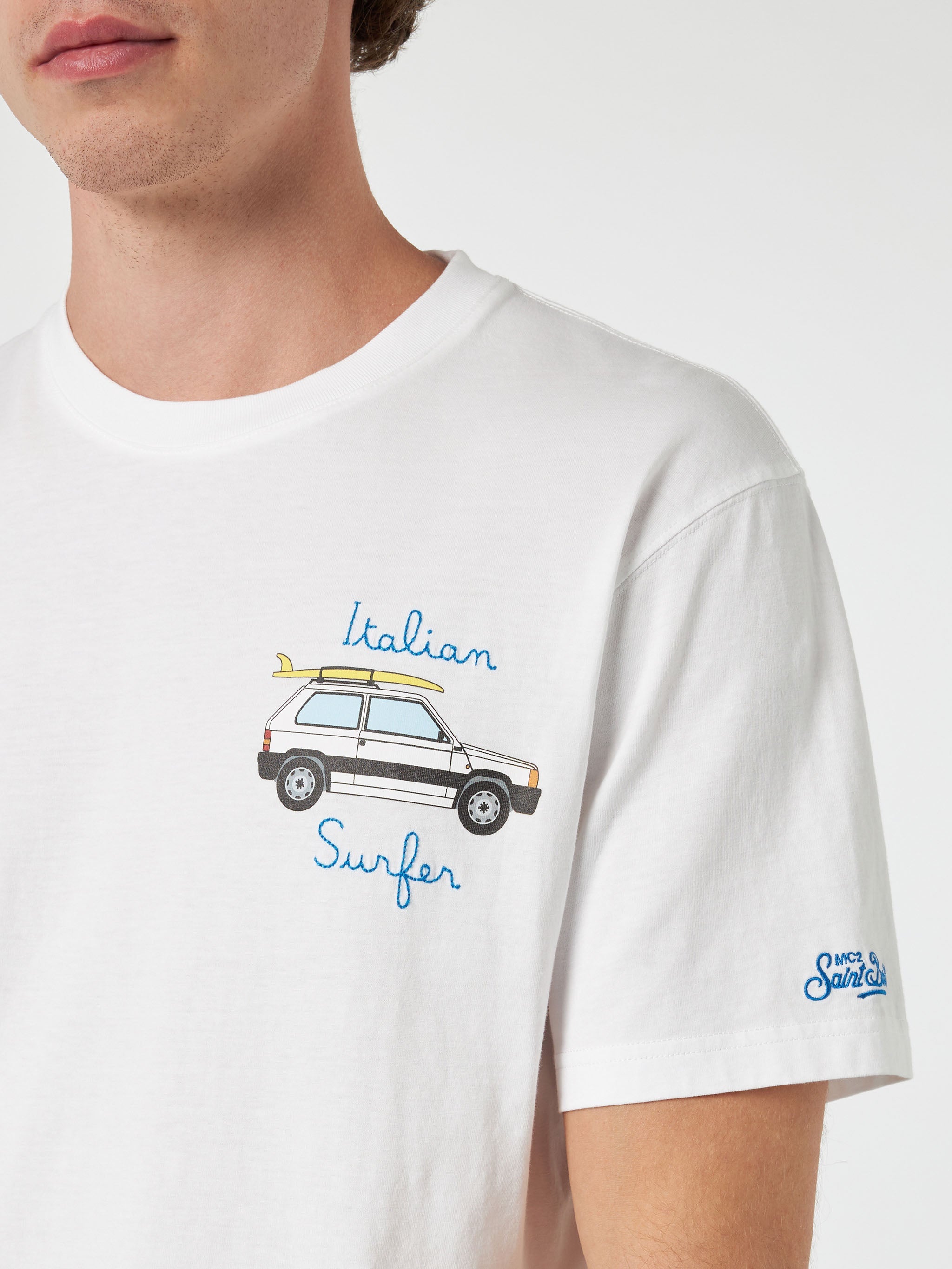 Man Cotton T-Shirt With Panda Print And Italian Surfer Embroidery | Special Edition White
