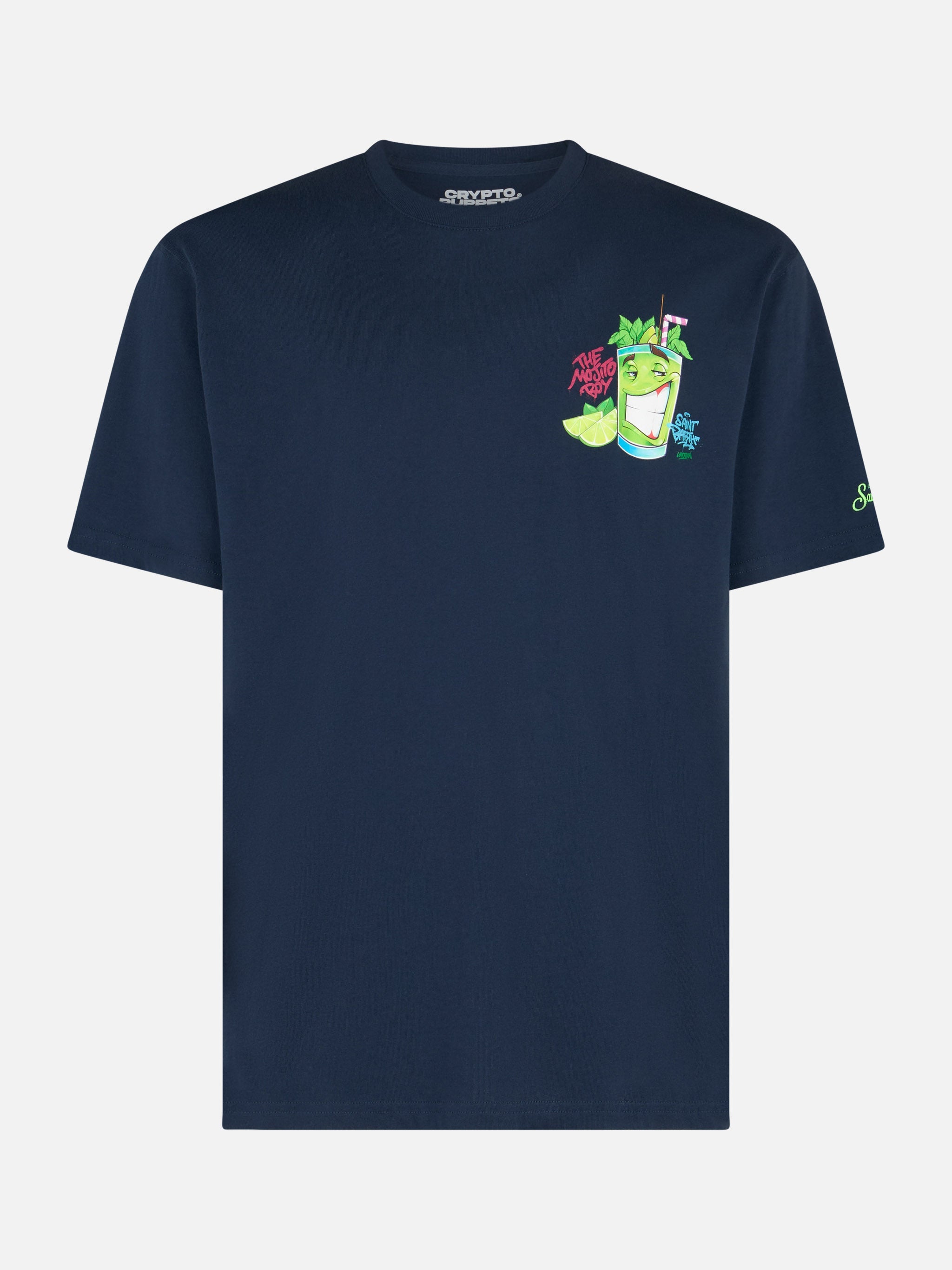 Man Cotton T-Shirt With Cryptopuppets Mojito Front And Back Placed Print | Special Edition Blue