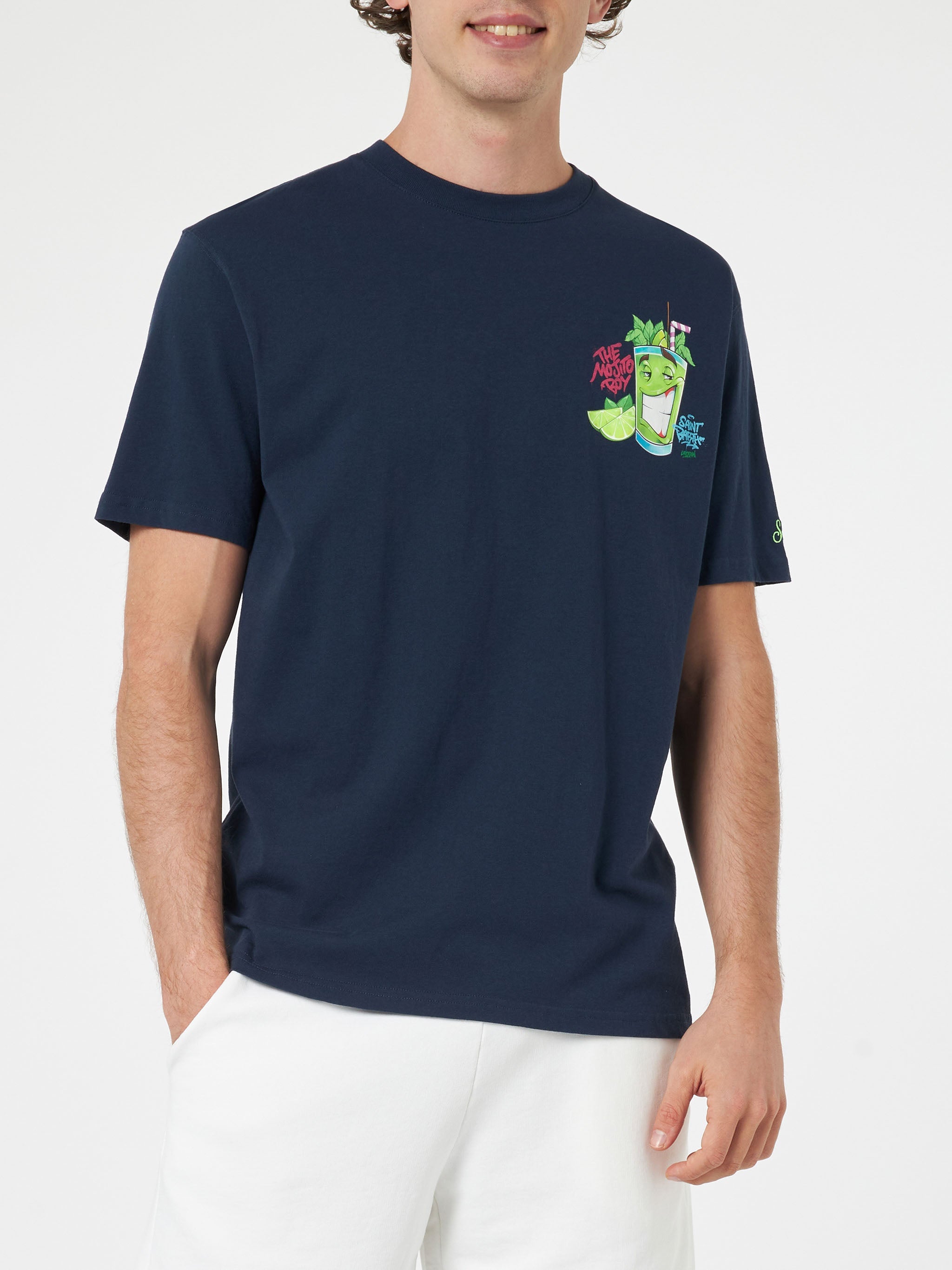 Man Cotton T-Shirt With Cryptopuppets Mojito Front And Back Placed Print | Special Edition Blue
