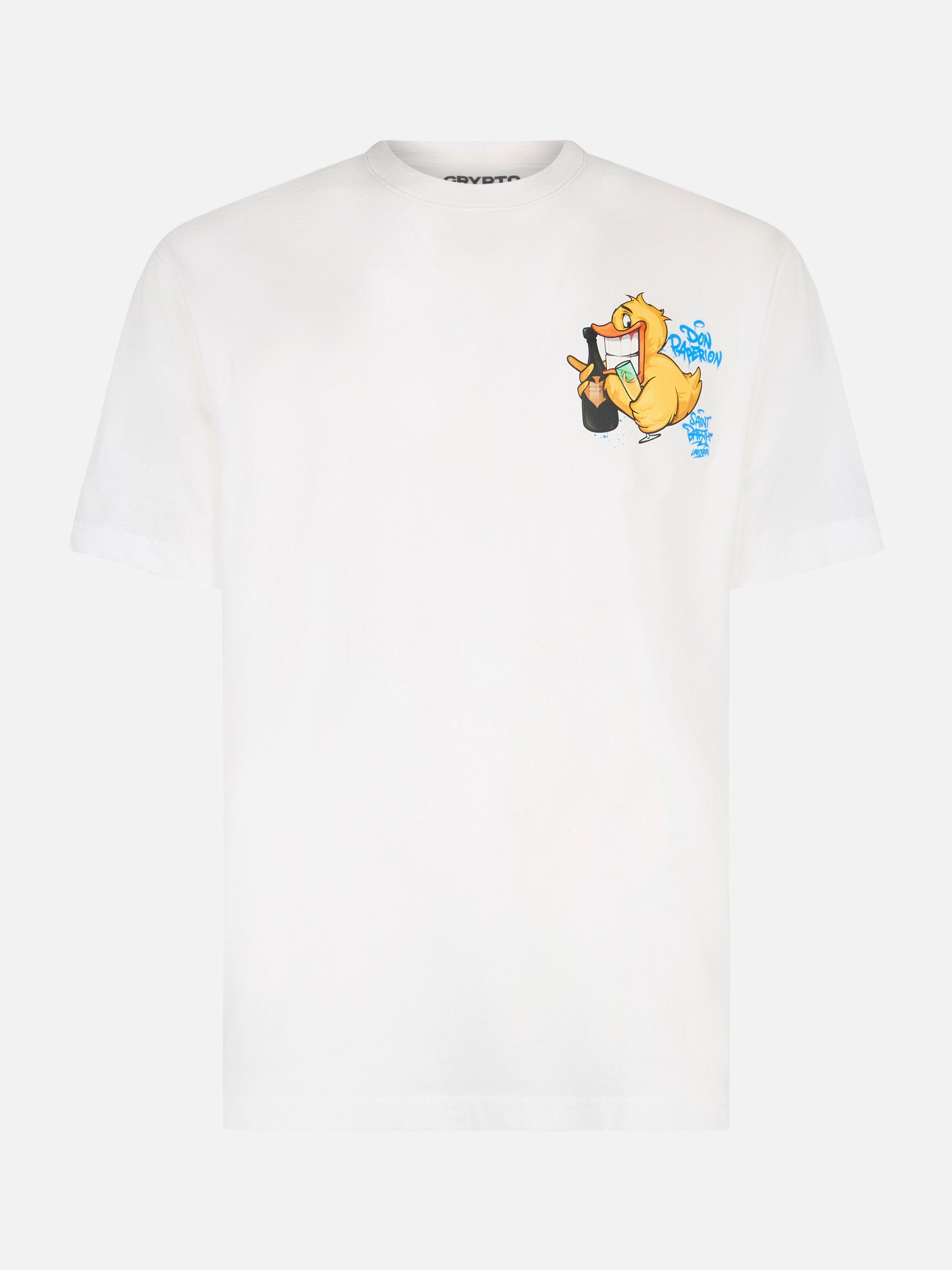 Man Cotton T-Shirt With Cryptopuppets Ducky Bollicine Front And Back Placed Print | Special Edition White