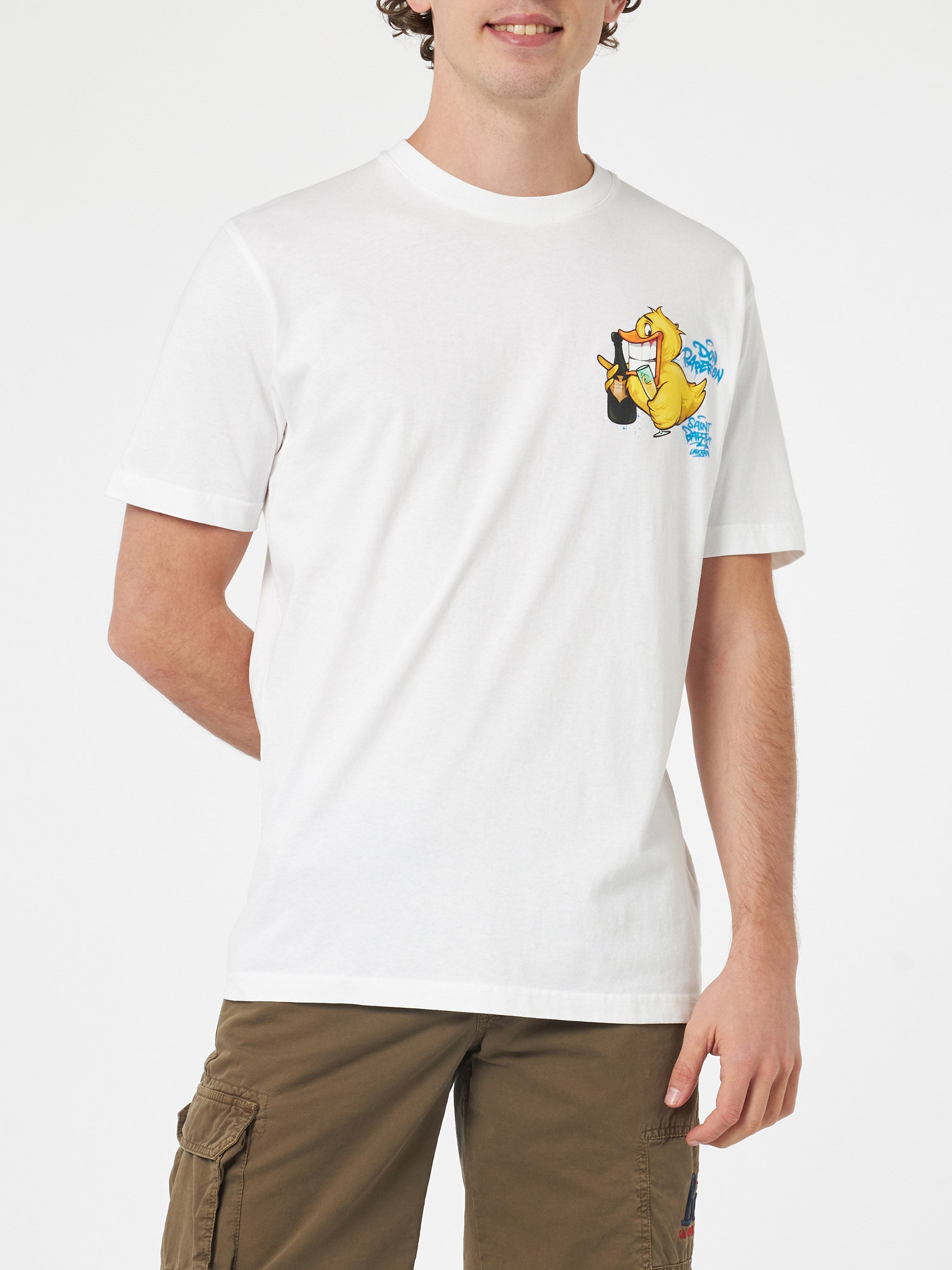 Man Cotton T-Shirt With Cryptopuppets Ducky Bollicine Front And Back Placed Print | Special Edition White
