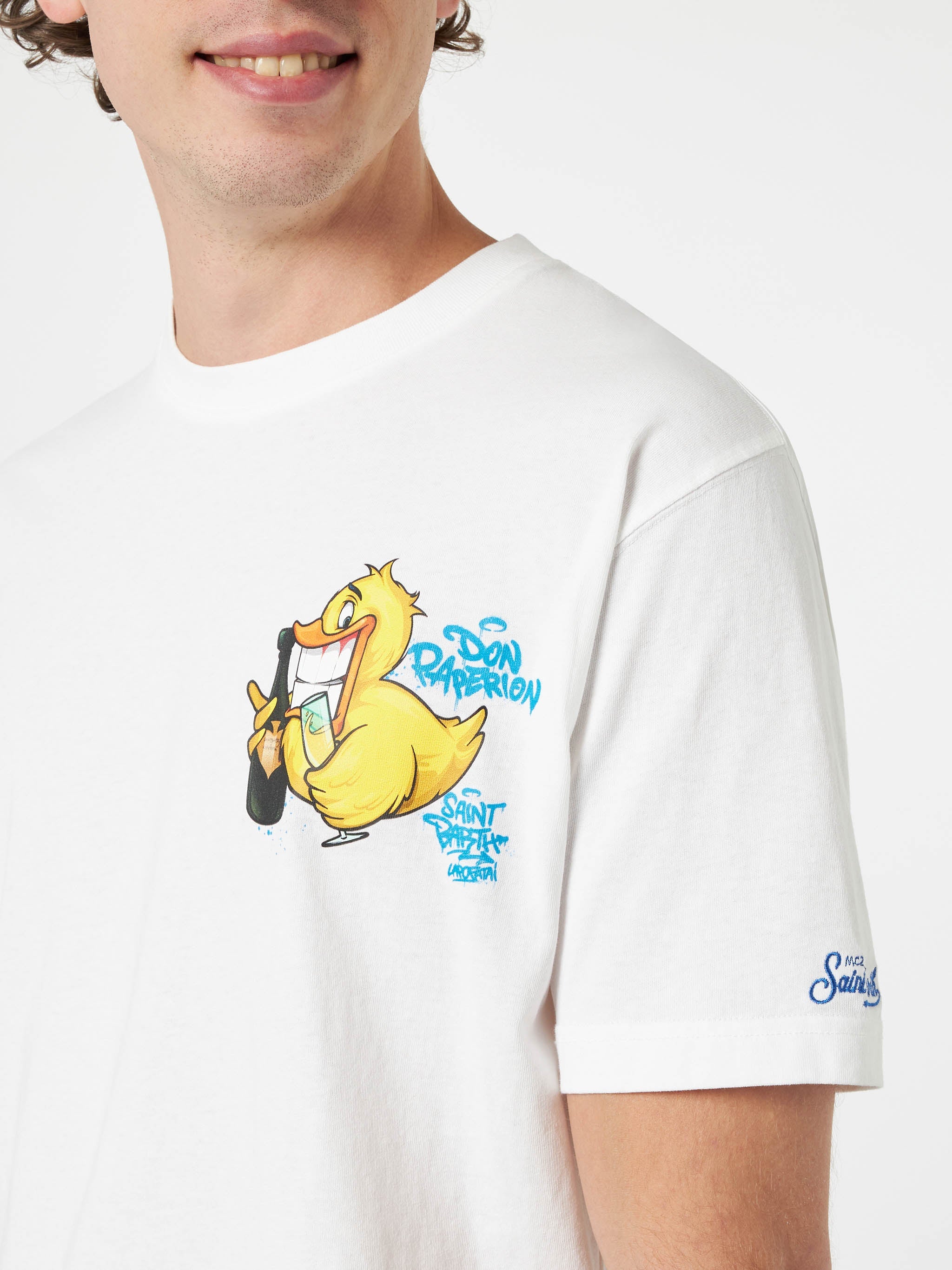 Man Cotton T-Shirt With Cryptopuppets Ducky Bollicine Front And Back Placed Print | Special Edition White