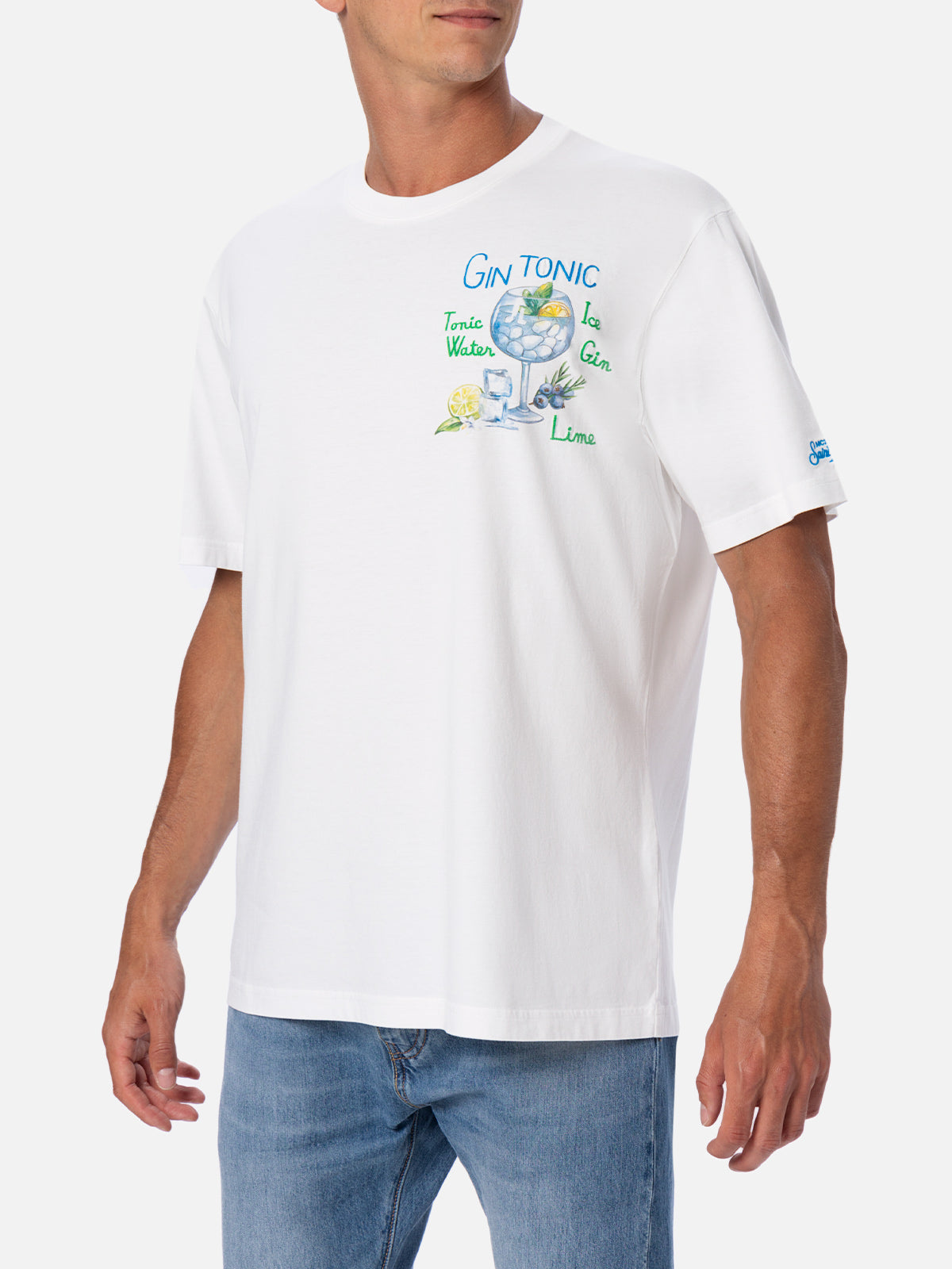 Cotton T-Shirt With Gin Tonic Cocktail Print And Embroidery White