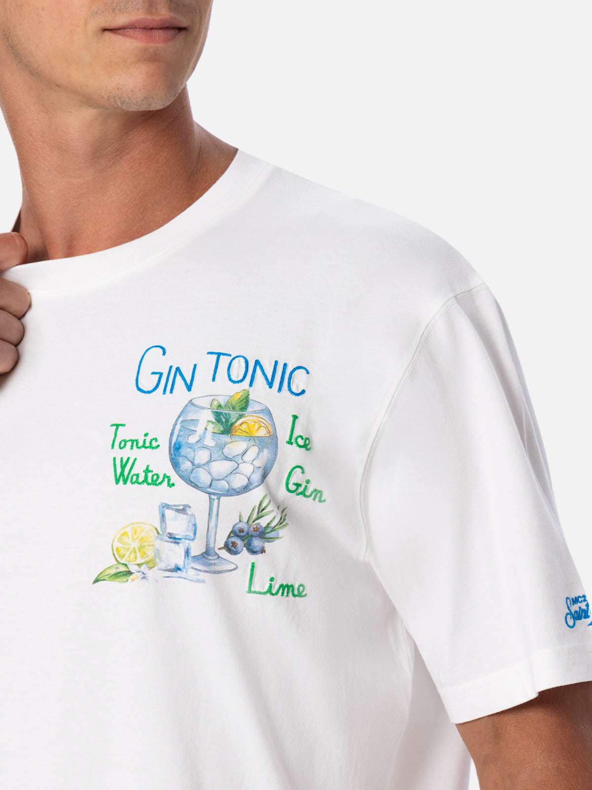 Cotton T-Shirt With Gin Tonic Cocktail Print And Embroidery White