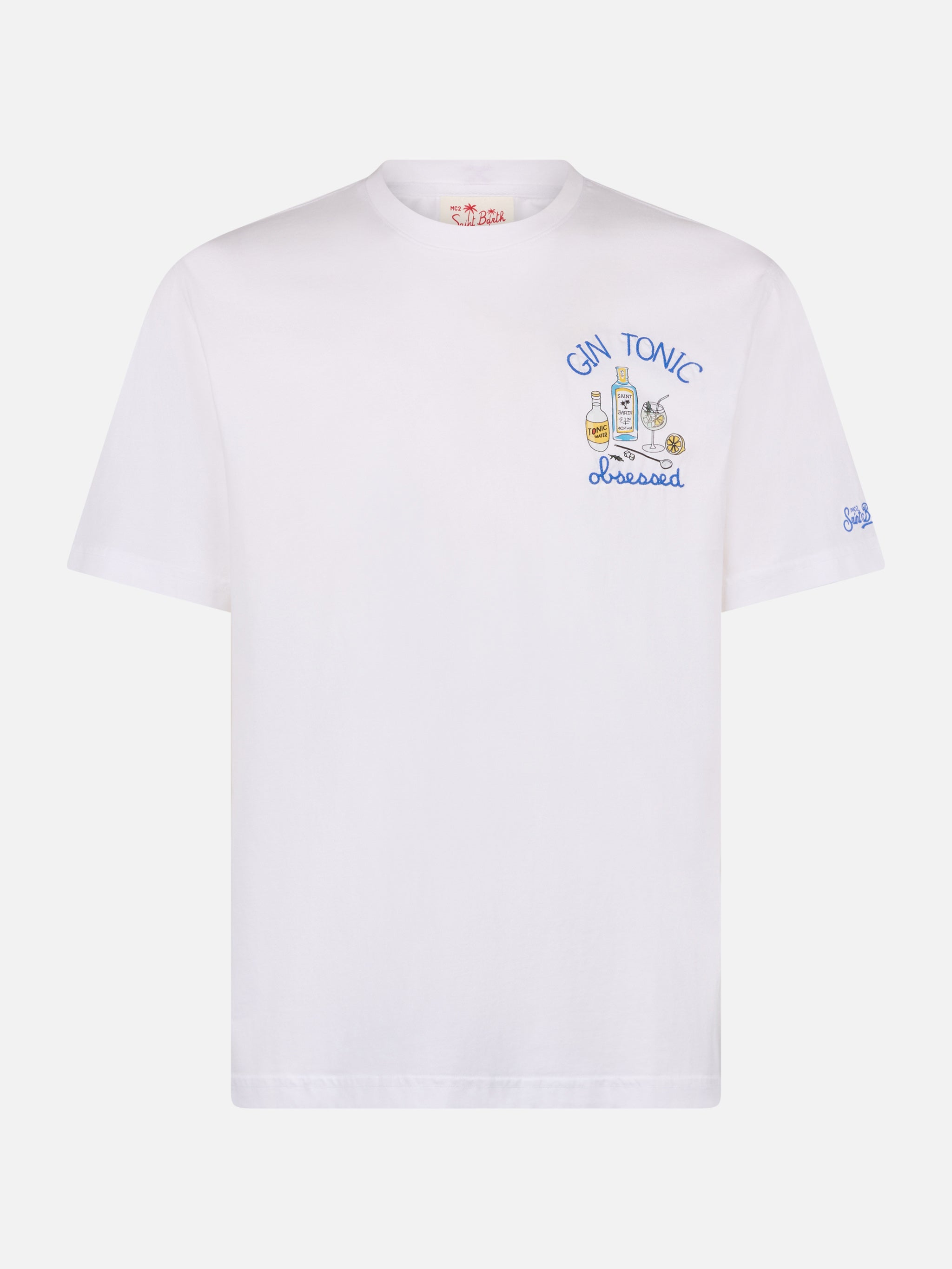 Cotton T-Shirt With Cocktail Gin Tonic Obsessed Embroidery White