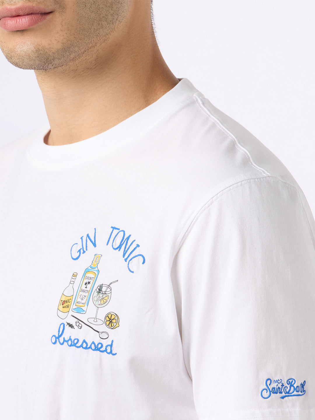 Cotton T-Shirt With Cocktail Gin Tonic Obsessed Embroidery White