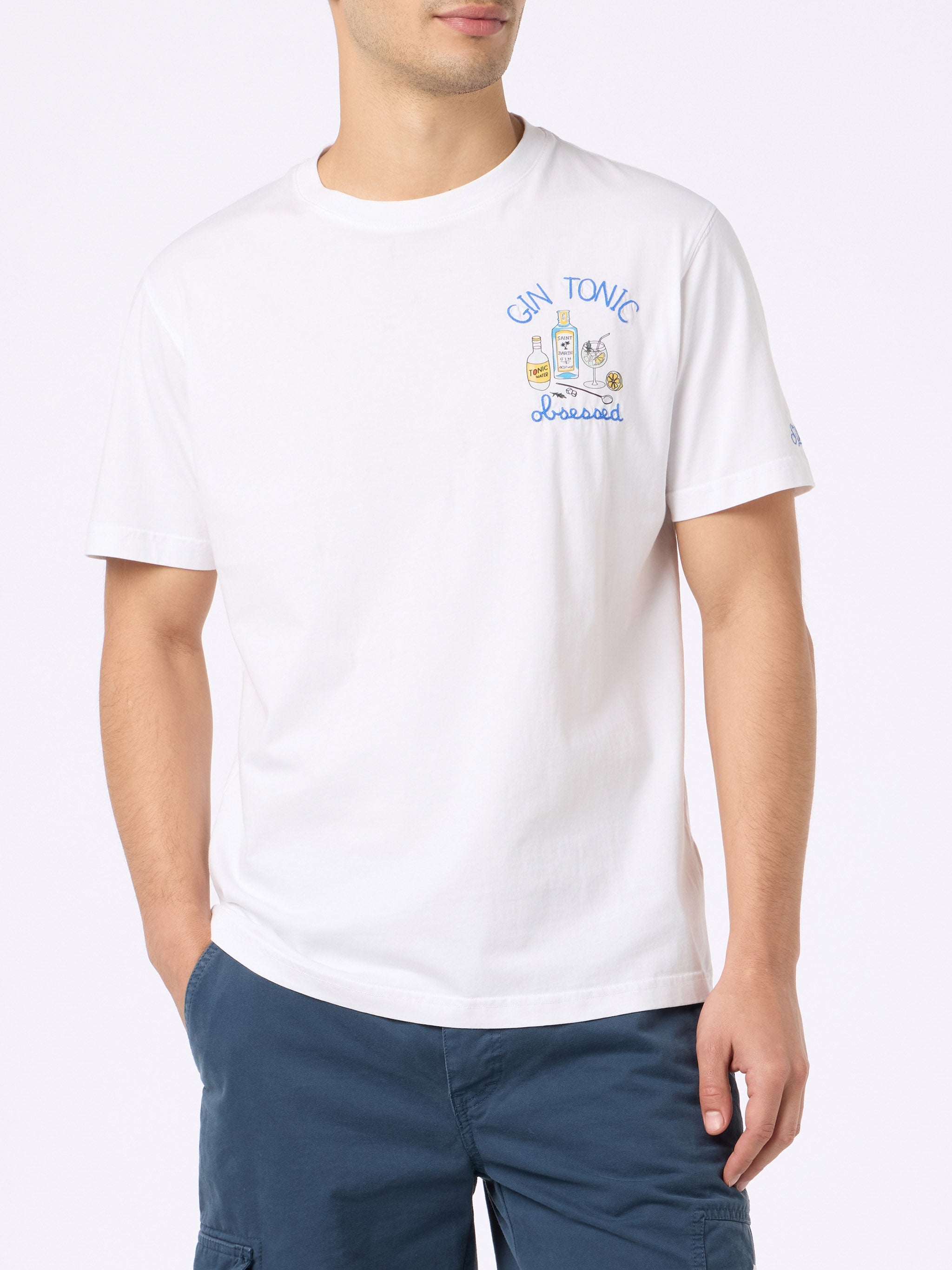 Cotton T-Shirt With Cocktail Gin Tonic Obsessed Embroidery White