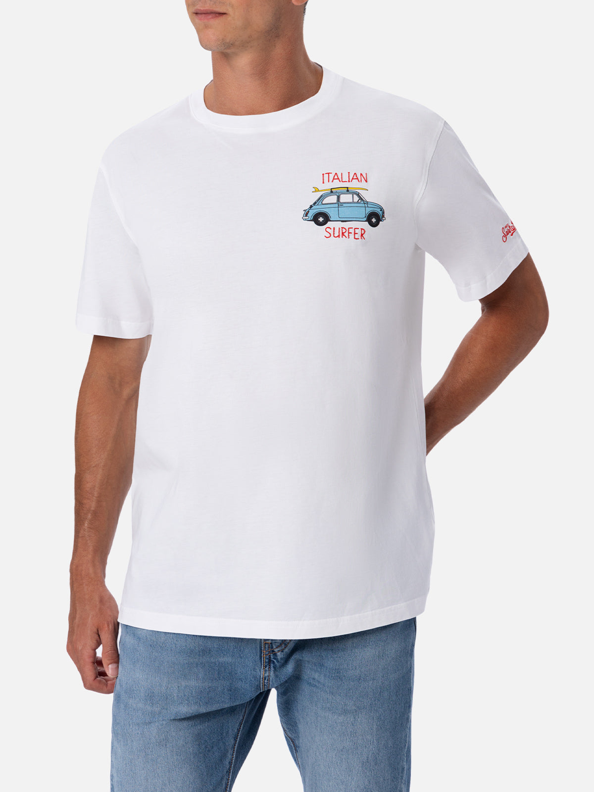 Man Cotton T-Shirt With Fiat 500 Placed Print And Embroidery | Special Edition White