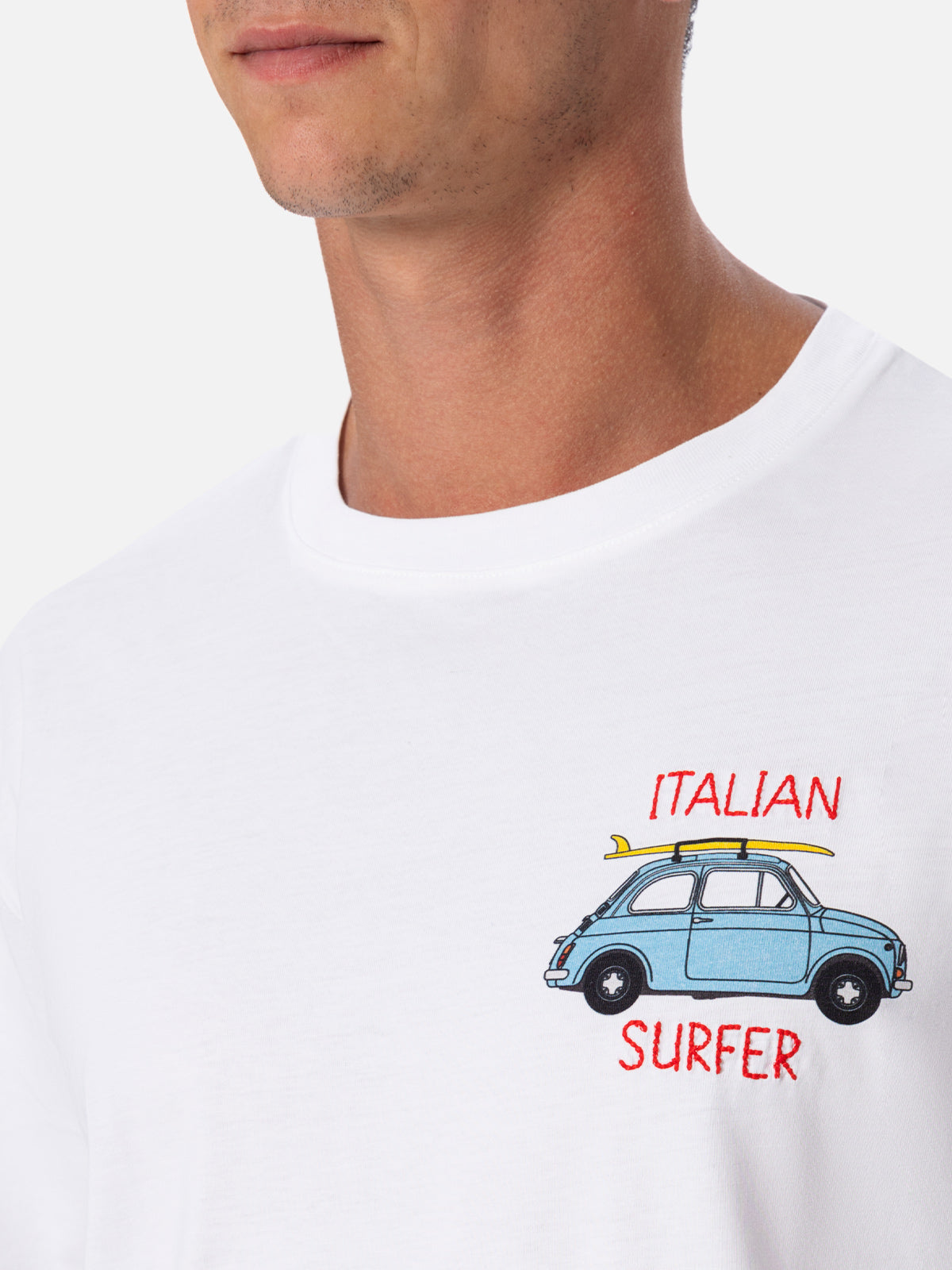 Man Cotton T-Shirt With Fiat 500 Placed Print And Embroidery | Special Edition White