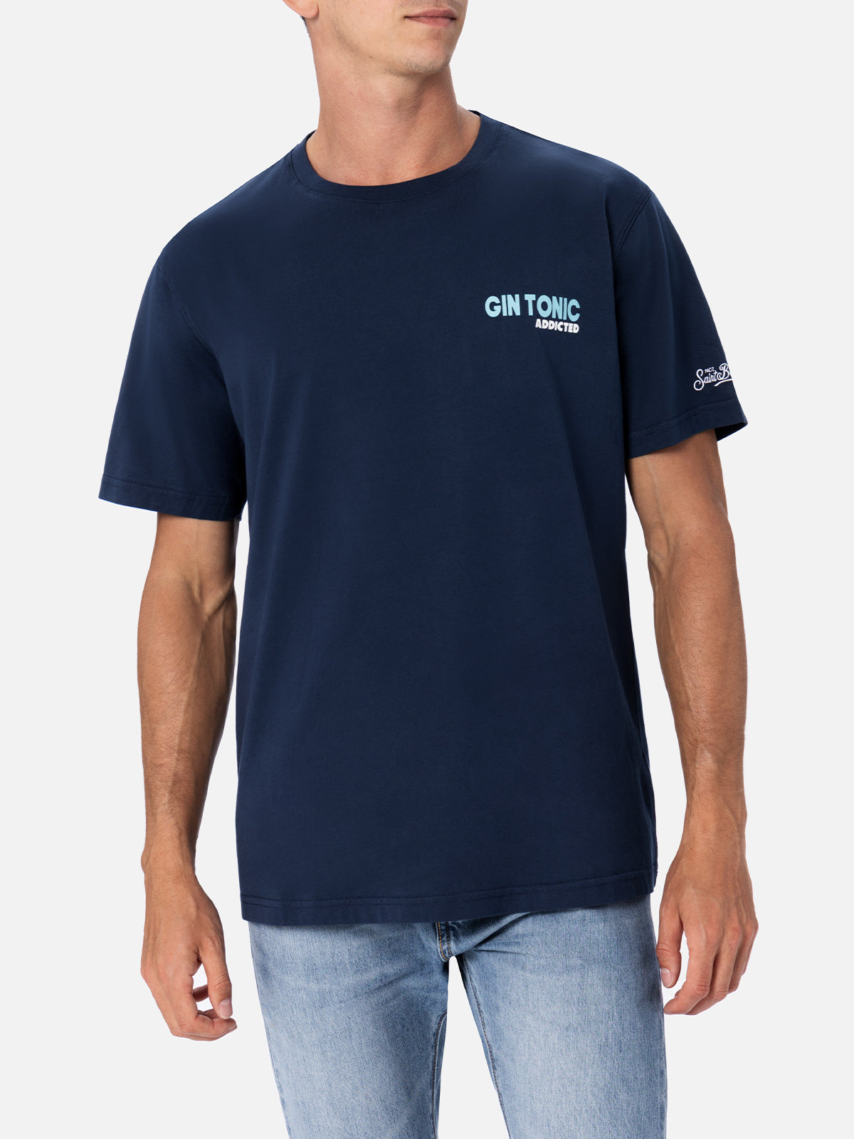 Cotton T-Shirt With Cocktail Gin Tonic Addicted Print Blue