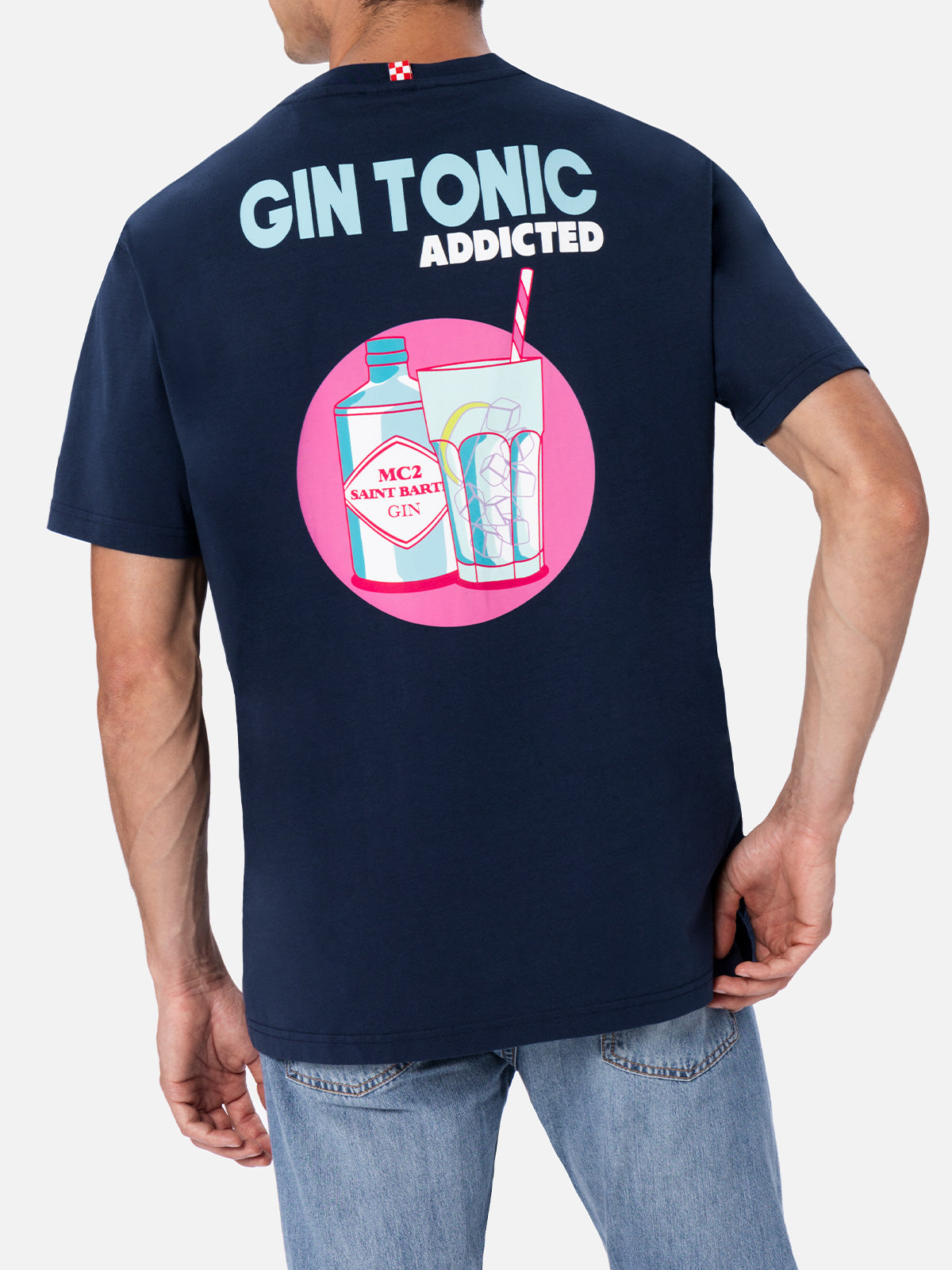 Cotton T-Shirt With Cocktail Gin Tonic Addicted Print Blue