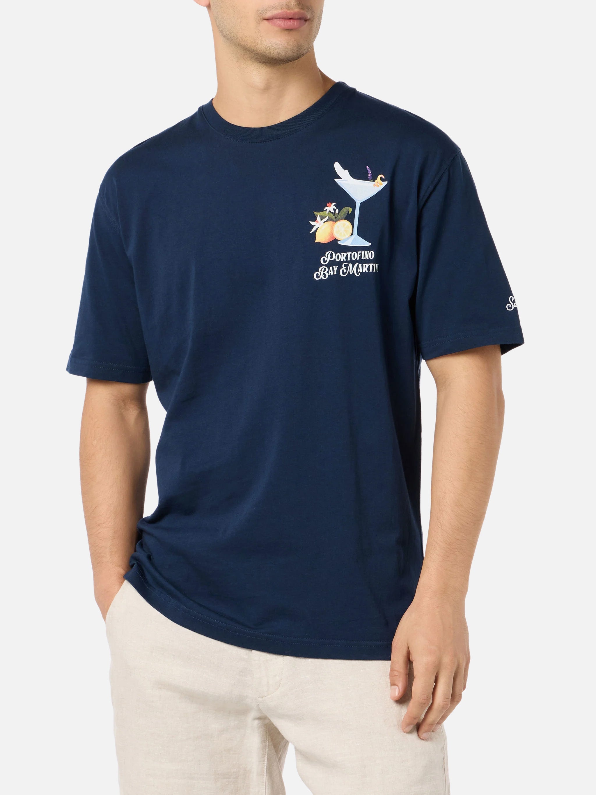 Man Cotton T-Shirt With Portofino Bay Martini Placed Print | Dry Gin Special Edition Blue