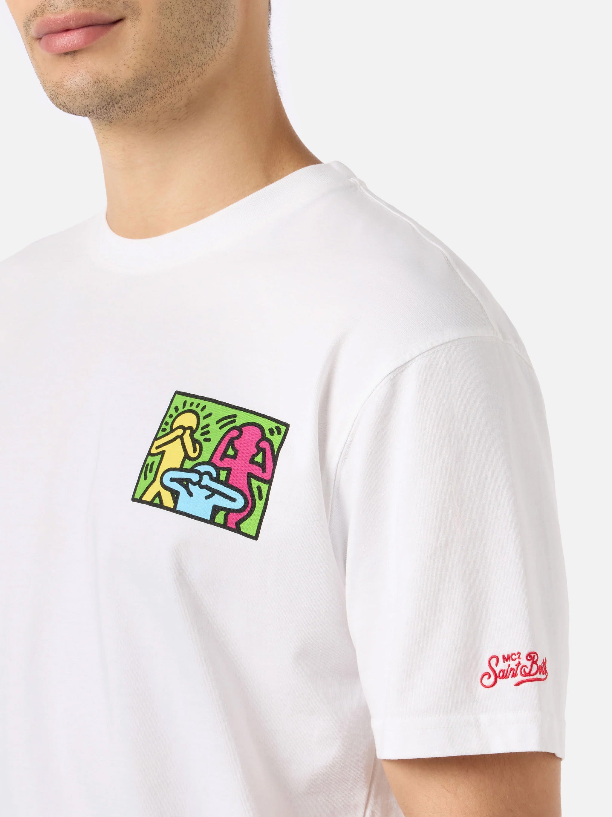 Man Cotton T-Shirt With Keith Haring Design Front And Back Print | Special Edition White