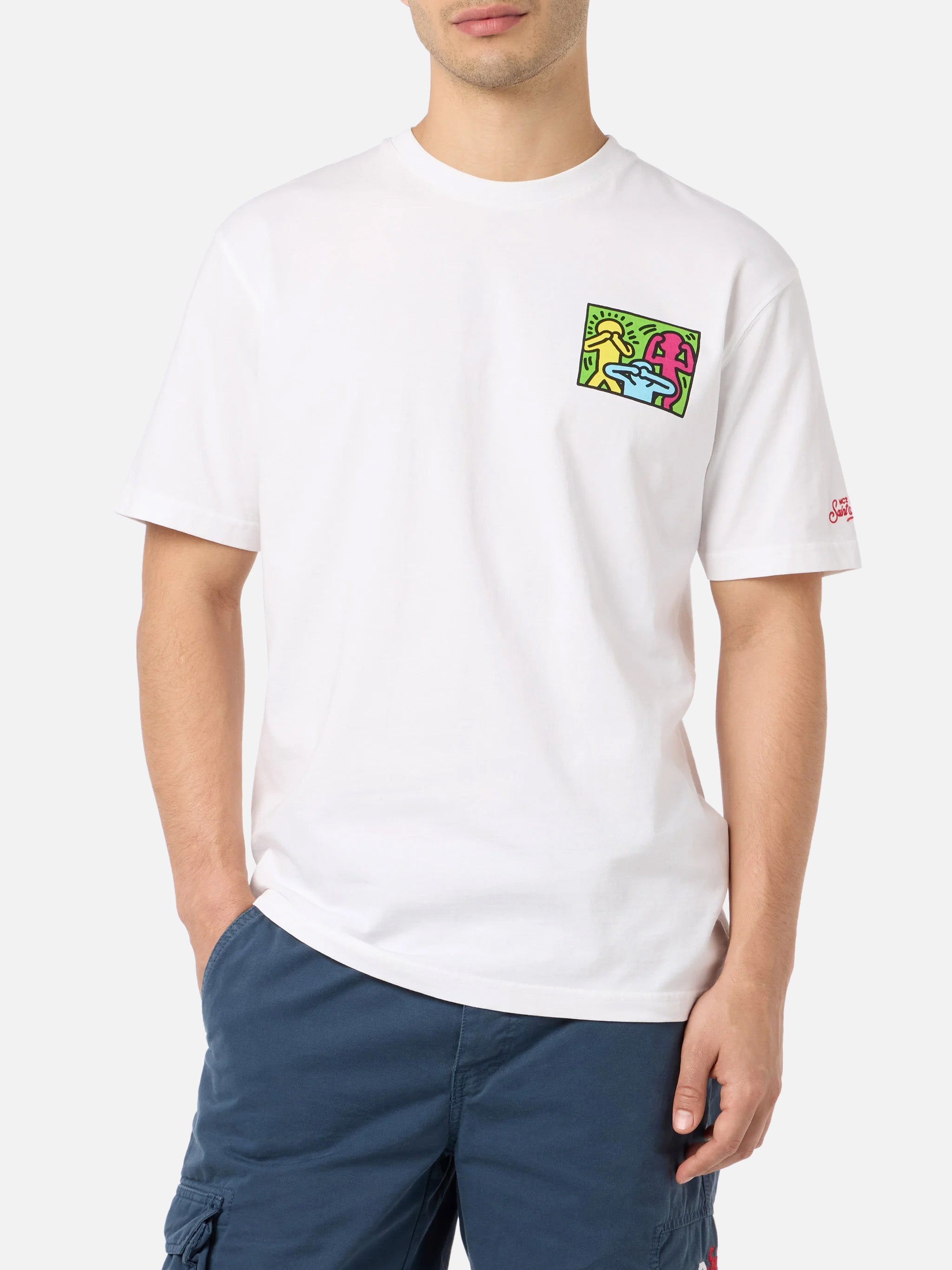 Man Cotton T-Shirt With Keith Haring Design Front And Back Print | Special Edition White