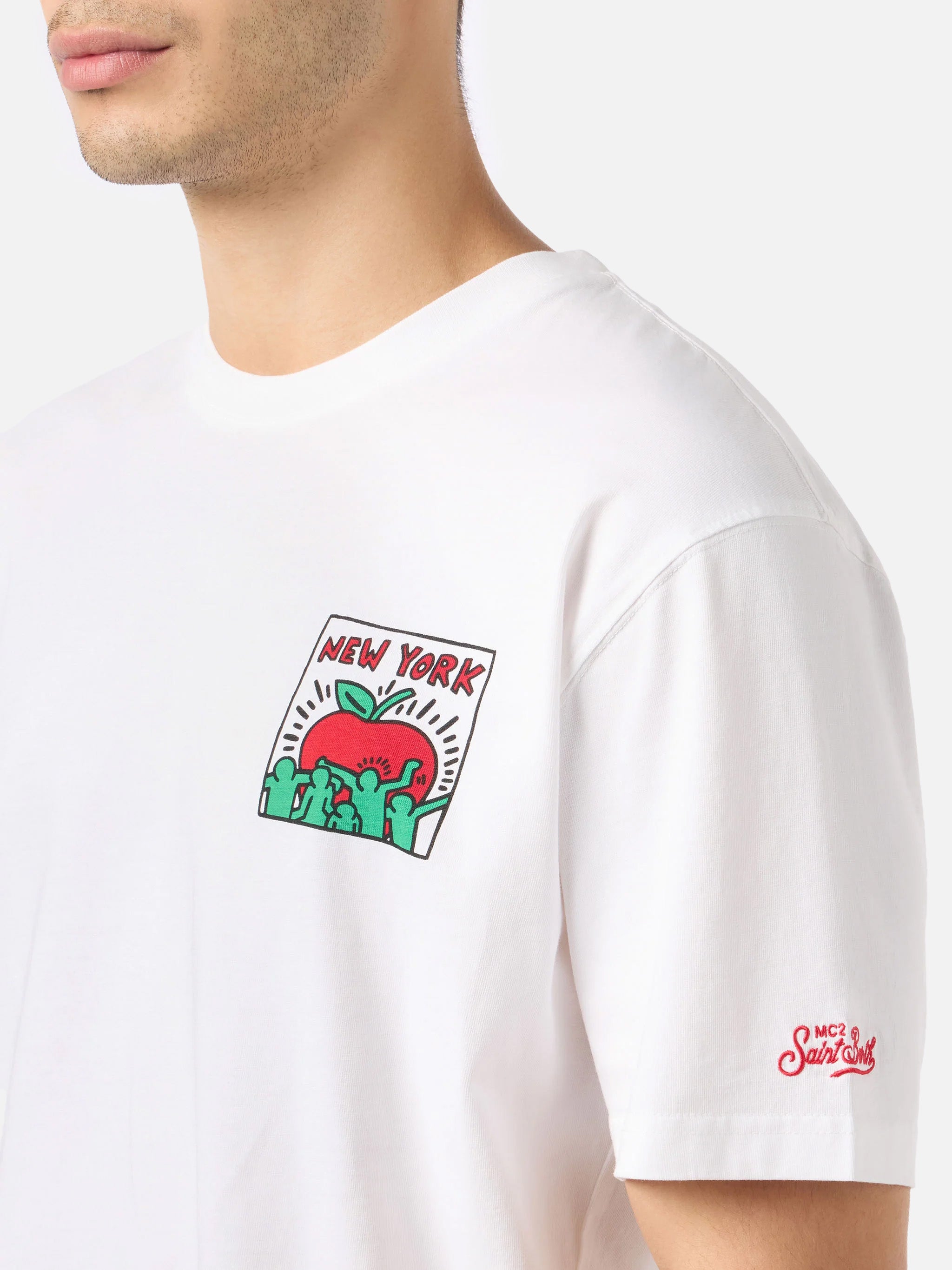 Man Cotton T-Shirt With Keith Haring Design Front And Back Print | Special Edition White