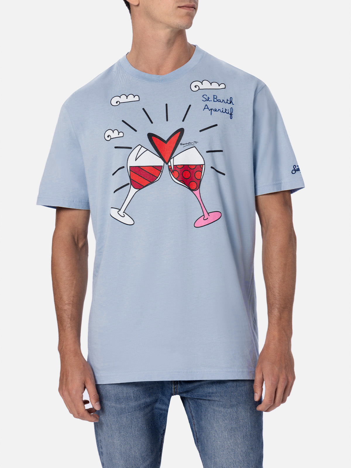 Man Cotton T-Shirt With Britto Glasses Print And Embroidery | ©britto Special Edition Sky