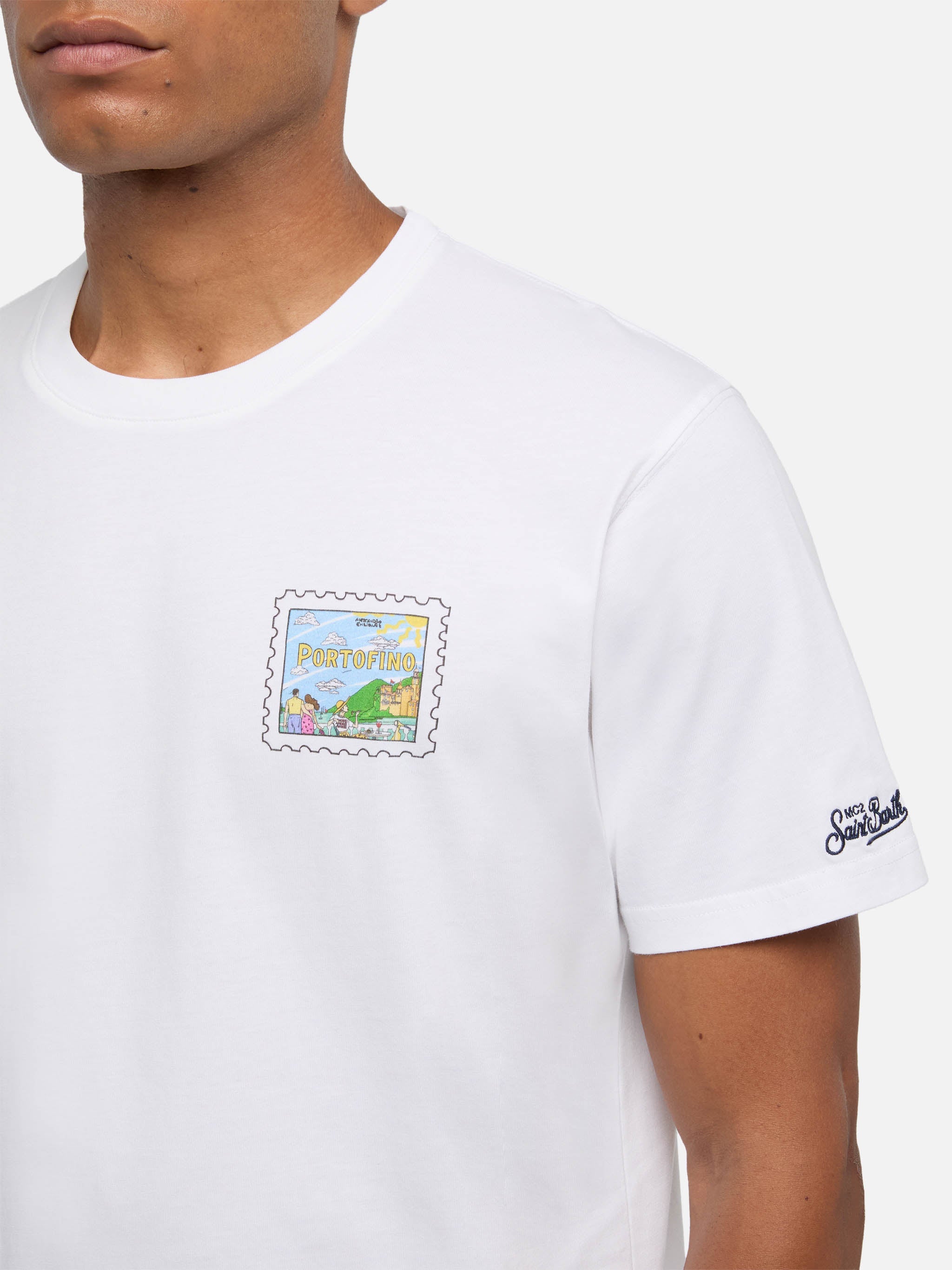 Cotton T-Shirt With Portofino Postcard Print |alessandro Enriquez Special Edition White