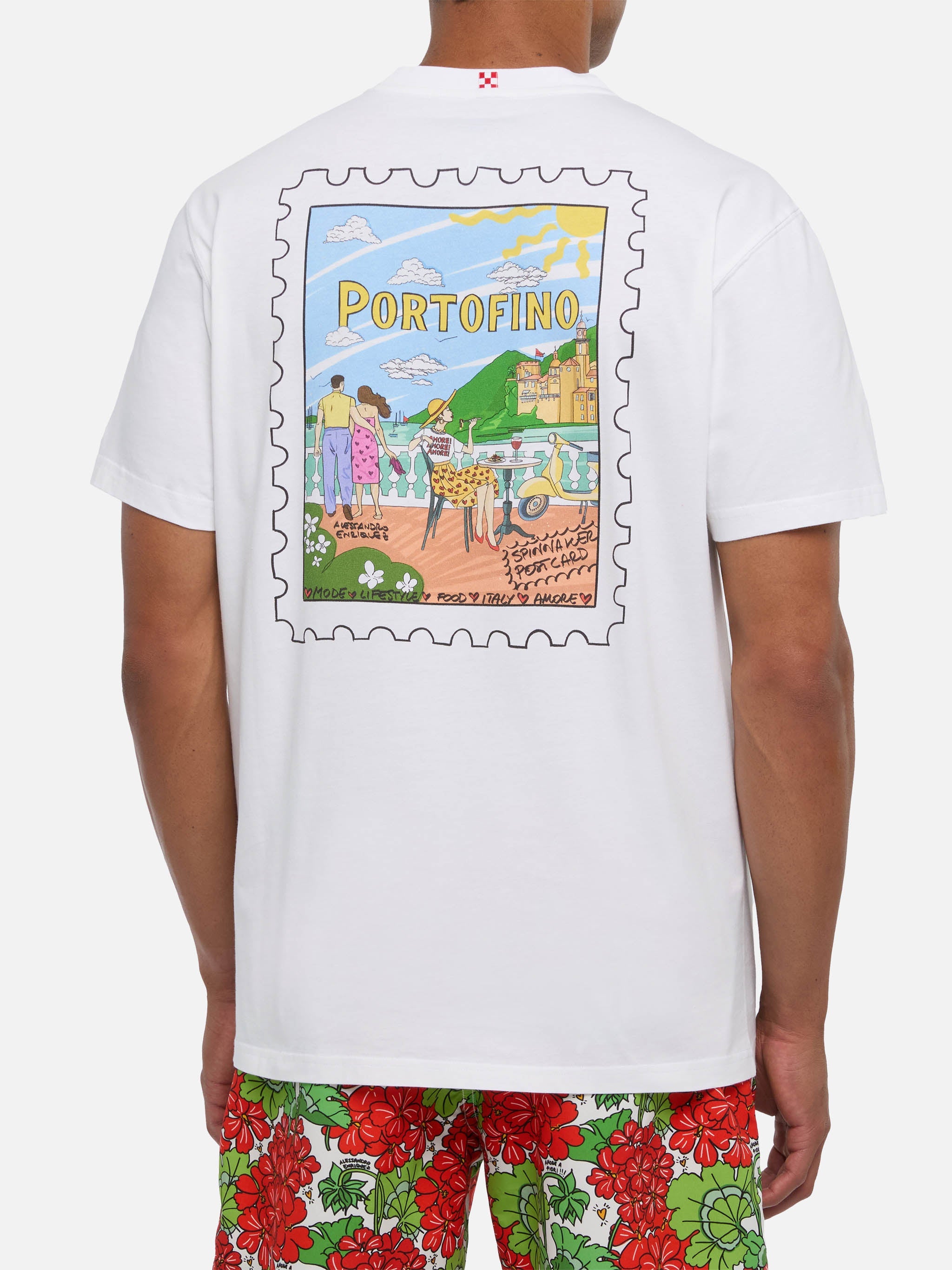 Cotton T-Shirt With Portofino Postcard Print |alessandro Enriquez Special Edition White