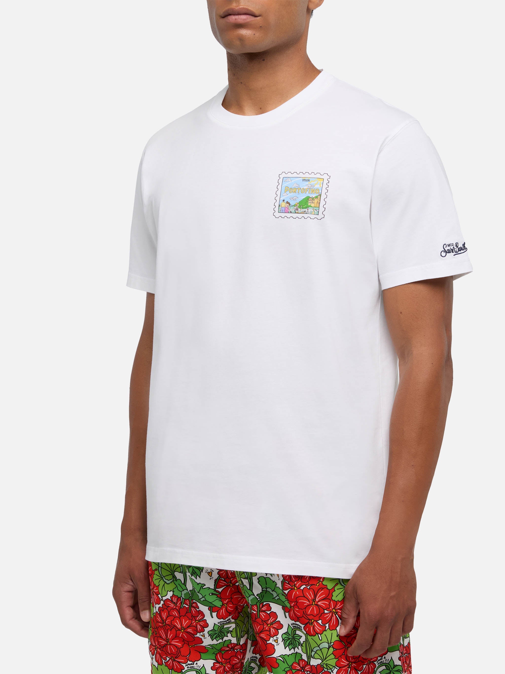Cotton T-Shirt With Portofino Postcard Print |alessandro Enriquez Special Edition White