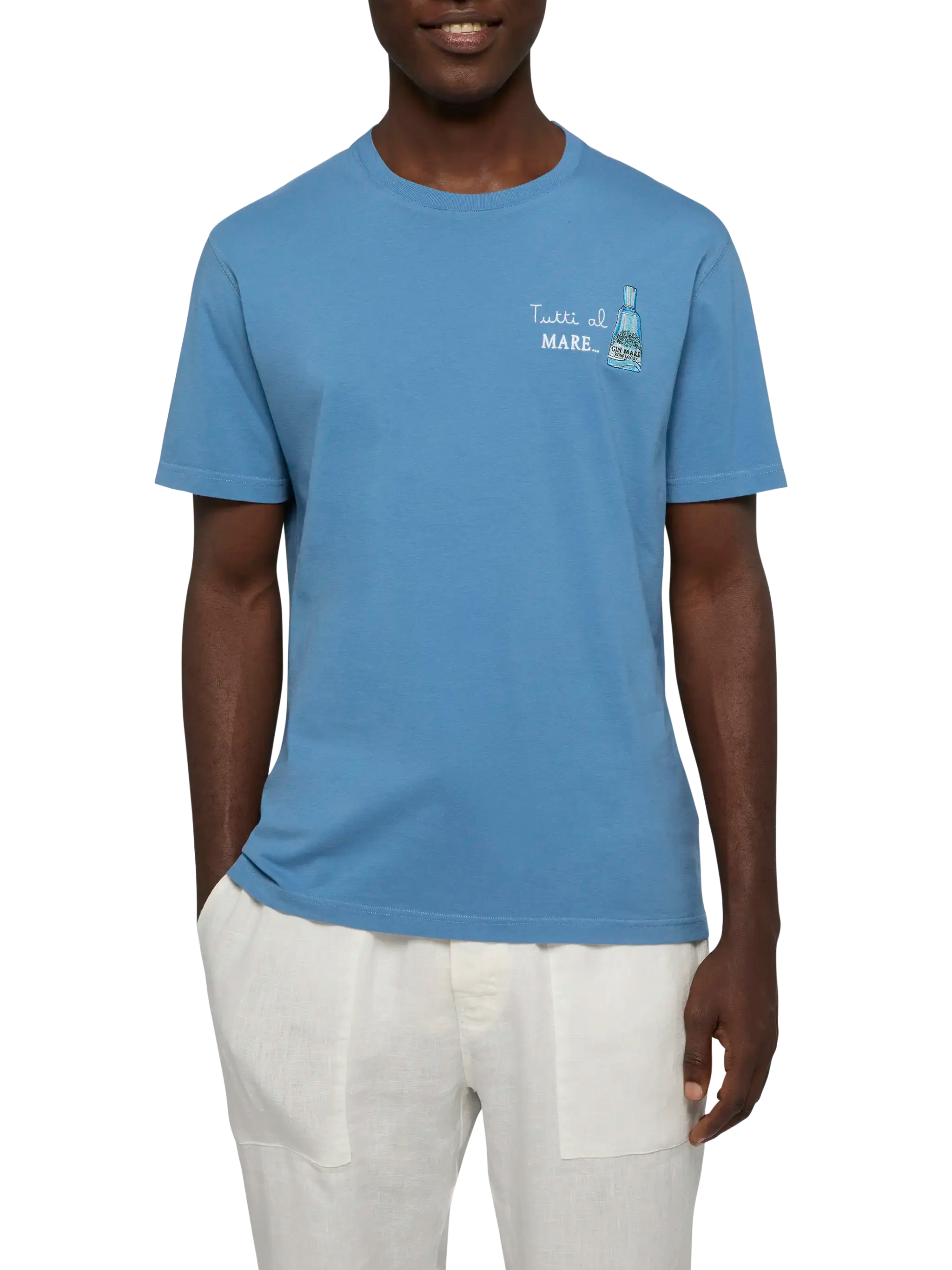 Cotton T-Shirt With Tutti Al Mare Print And Embroidery |gin Special Edition Blue