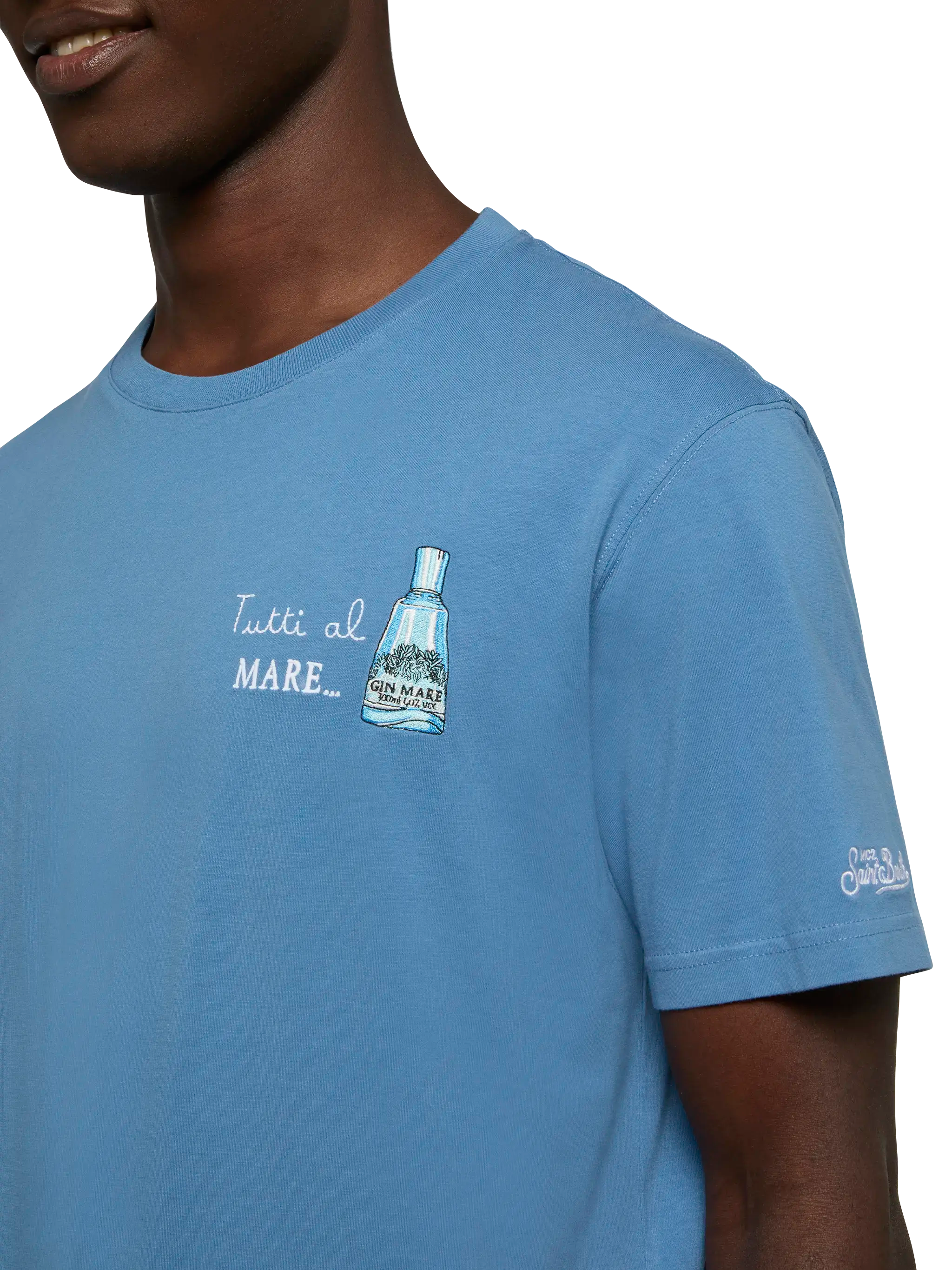 Cotton T-Shirt With Tutti Al Mare Print And Embroidery |gin Special Edition Blue