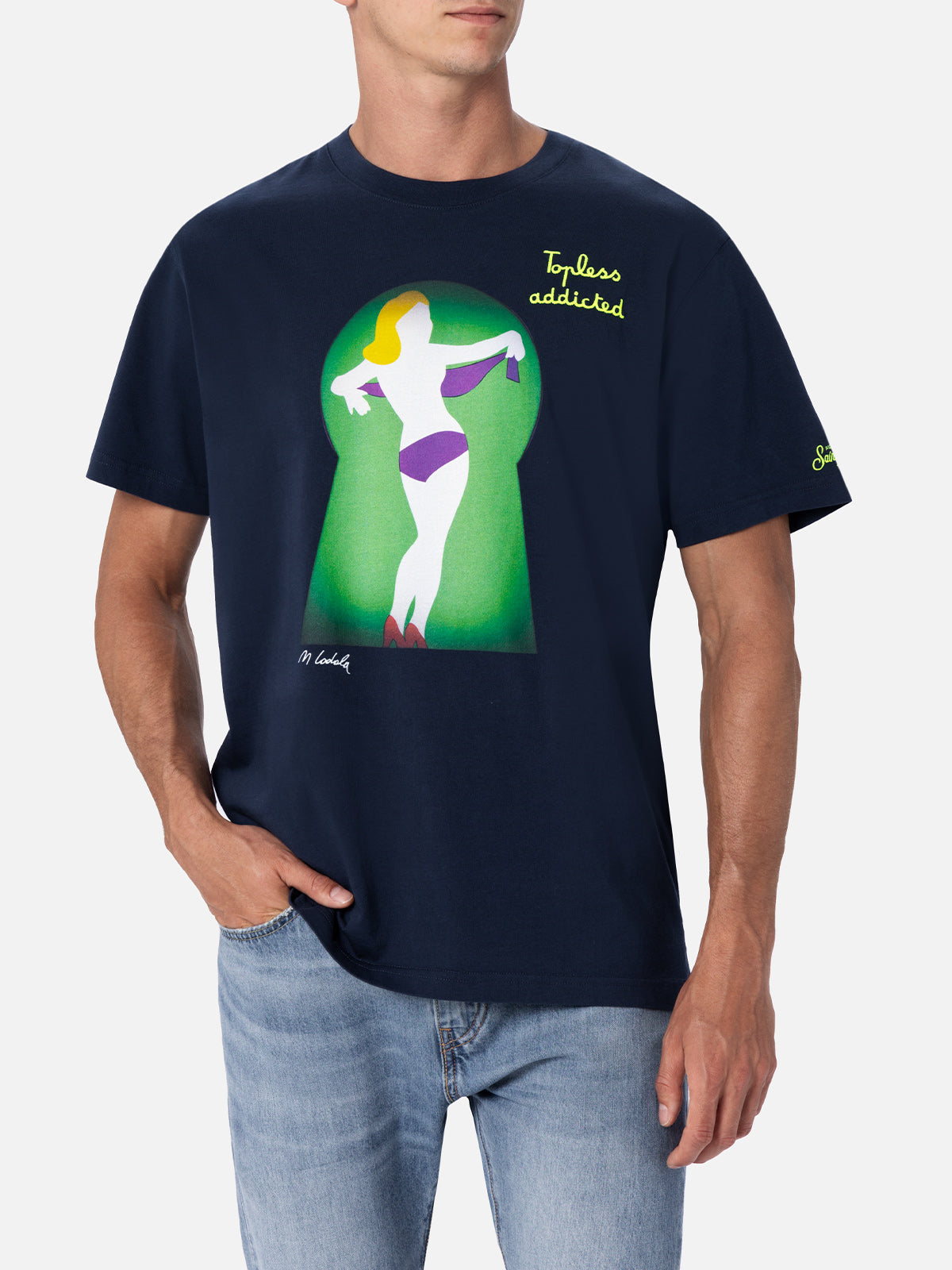 Man Cotton T-Shirt With Lodola Placed Print And Embroidery | Marco Special Edition Blue
