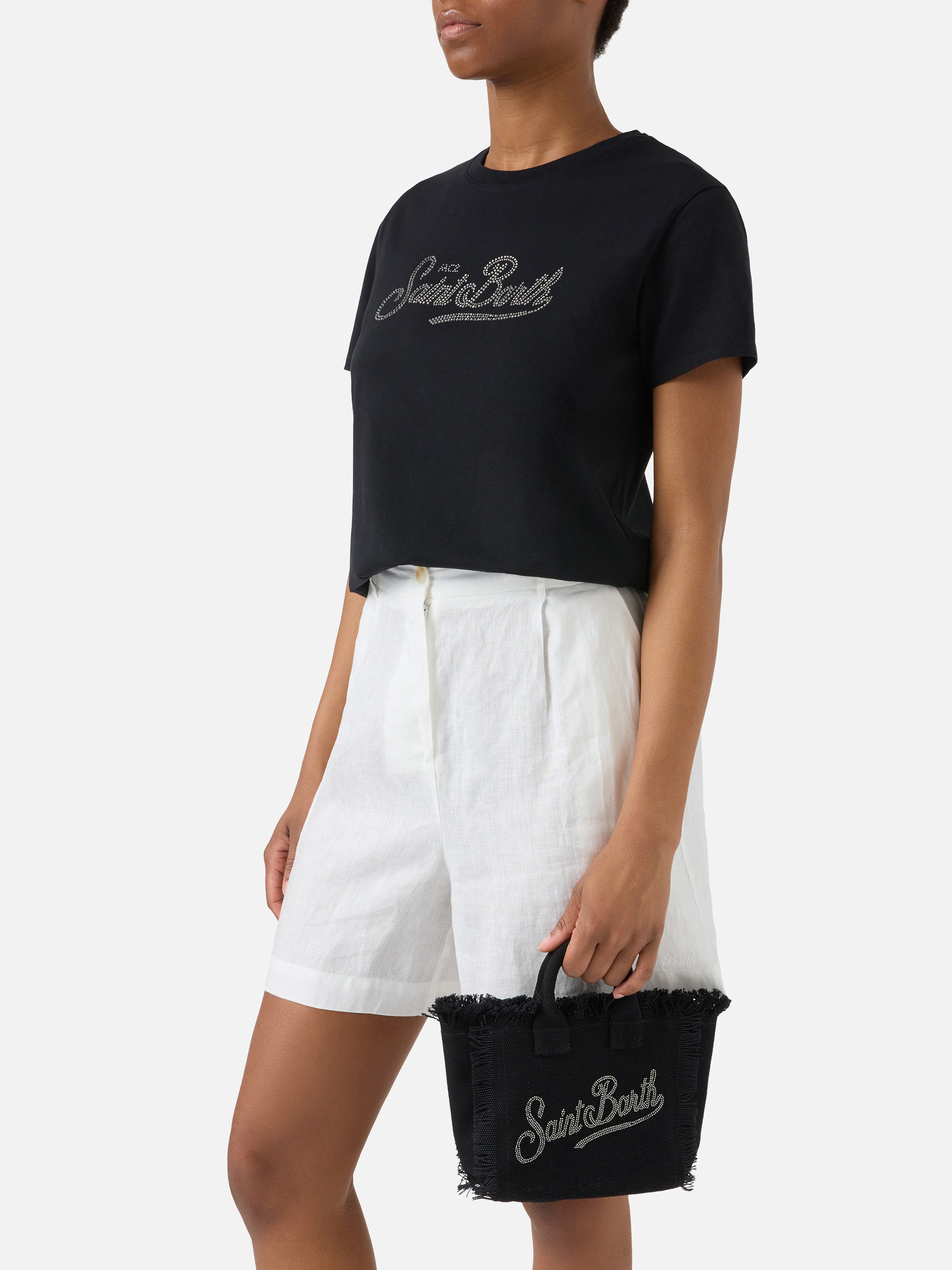 Black Canvas Vanity Mini Bag With Rhinestone Logo
