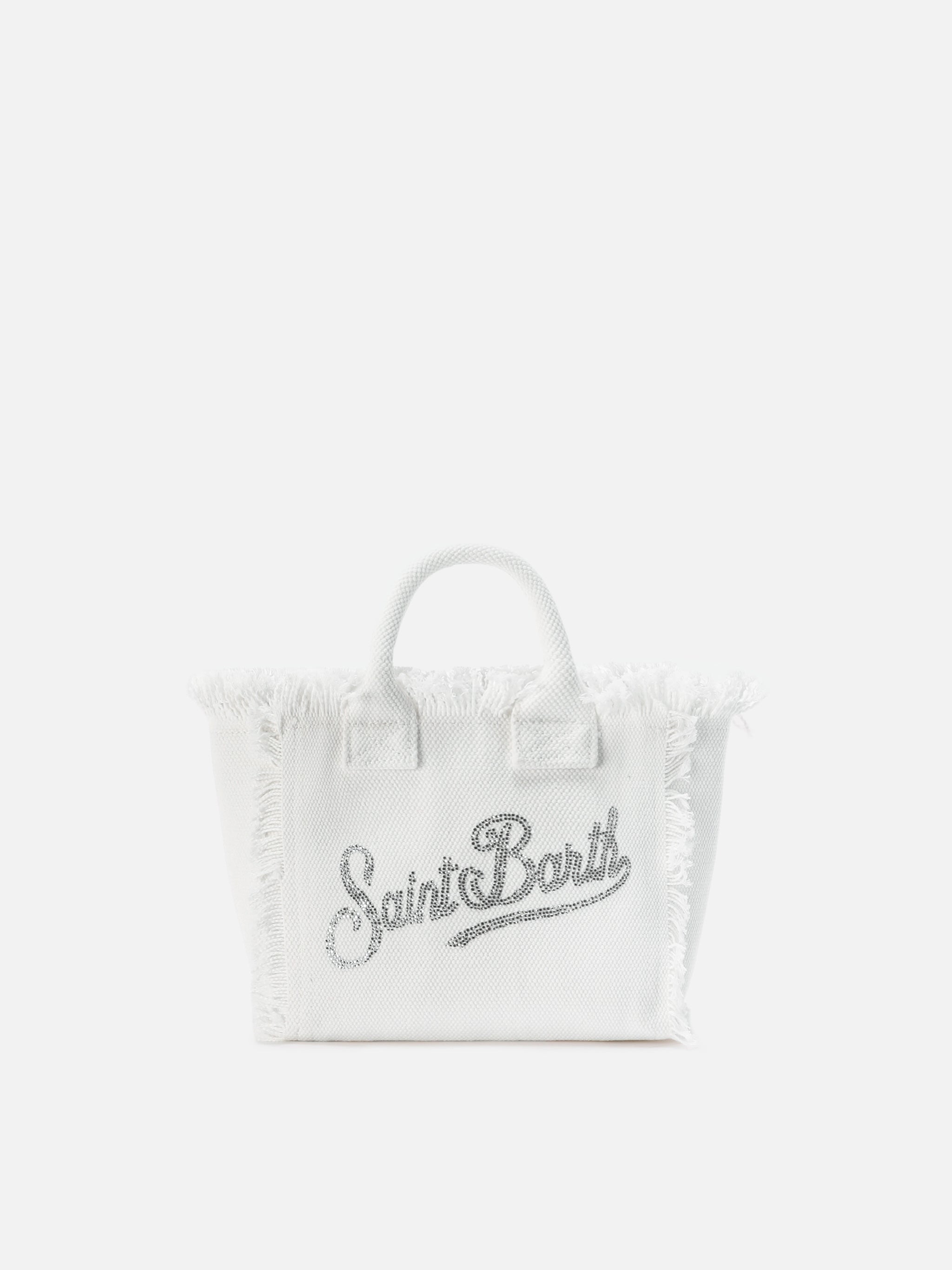 White Canvas Vanity Mini Bag With Rhinestone Logo