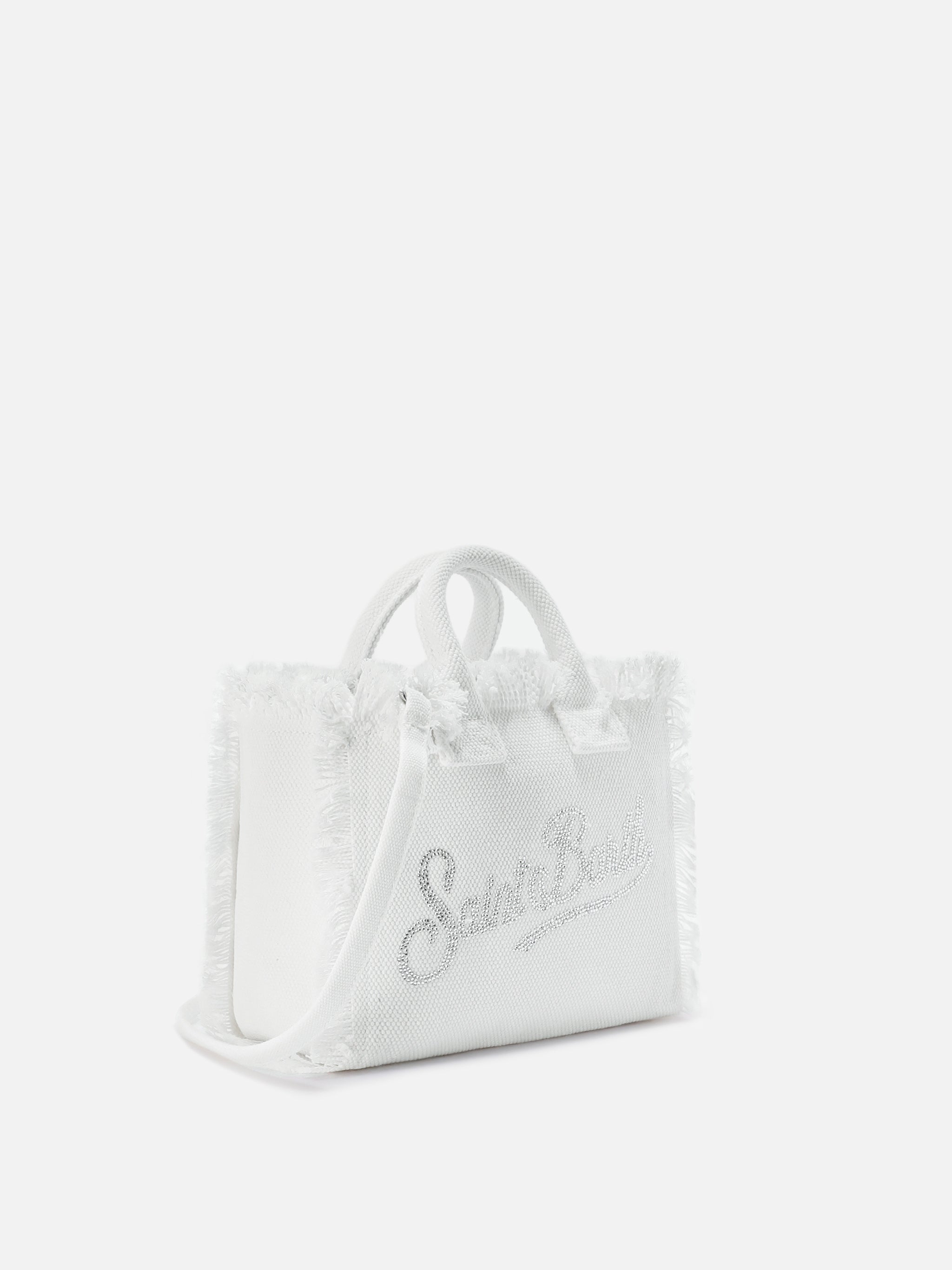White Canvas Vanity Mini Bag With Rhinestone Logo