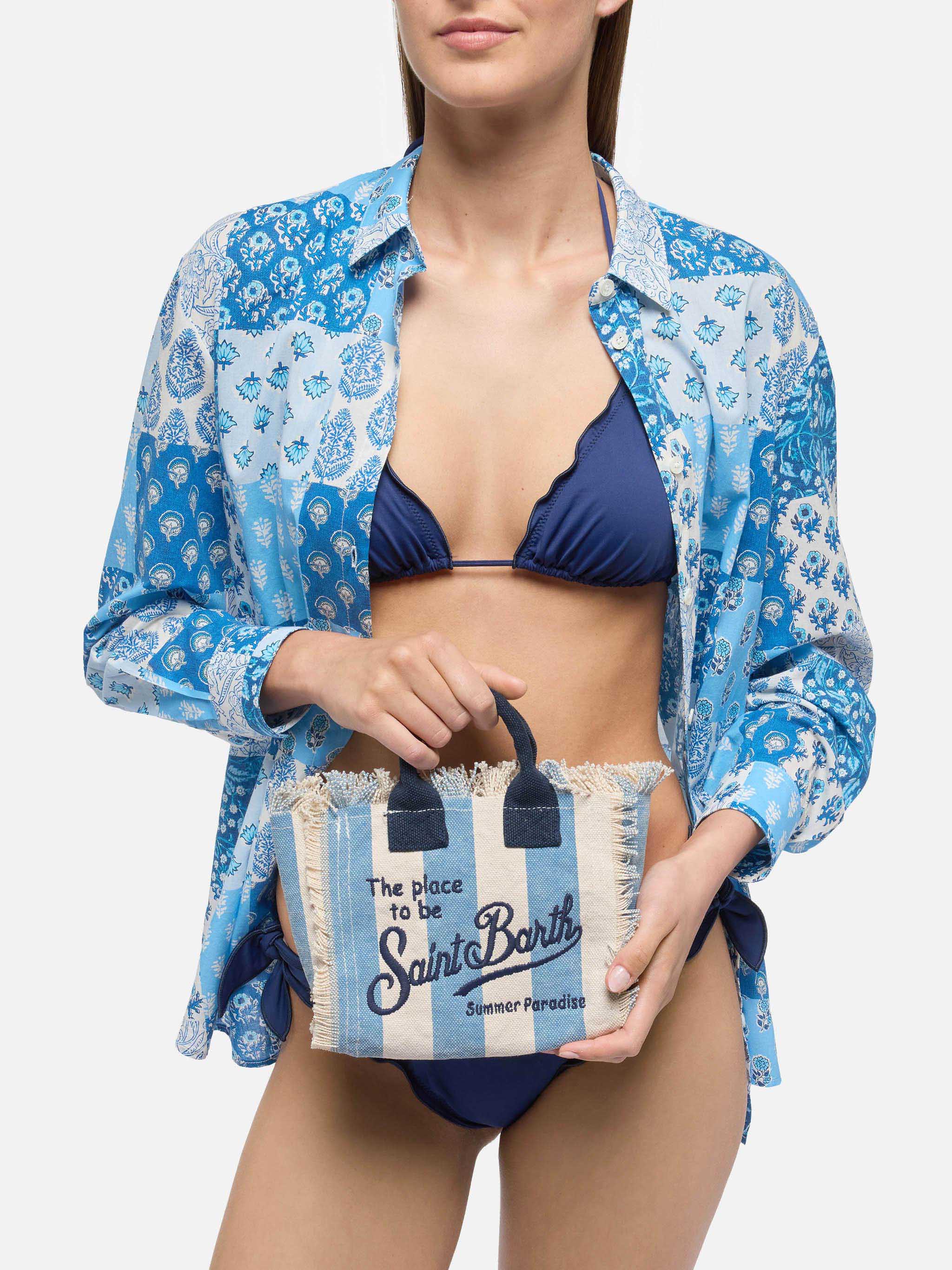 Cotton Canvas Mini Vanity Bag With Striped Print Sky