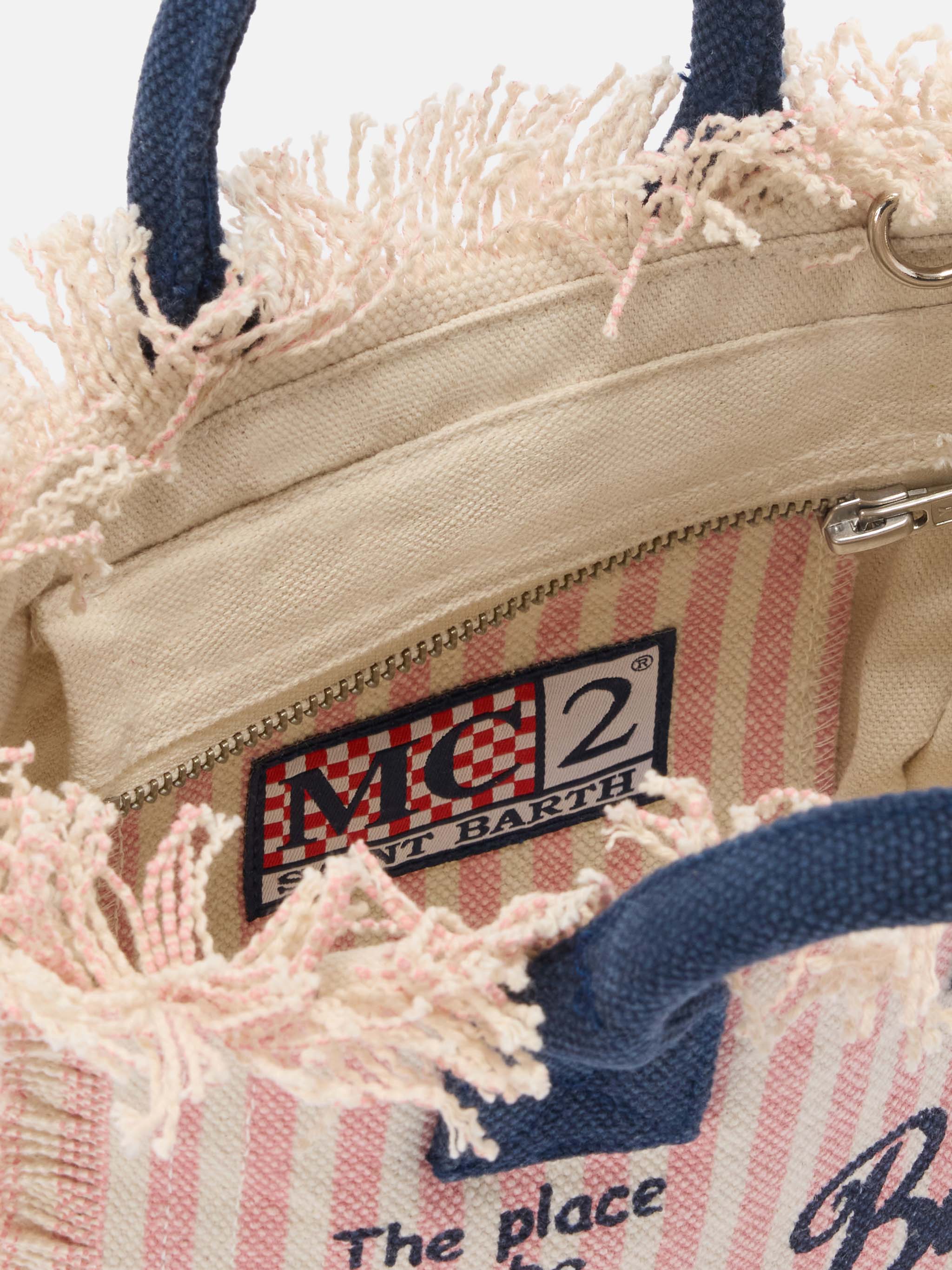 Canvas Vanity Mini Bag With Pink Stripes And Contrast Details