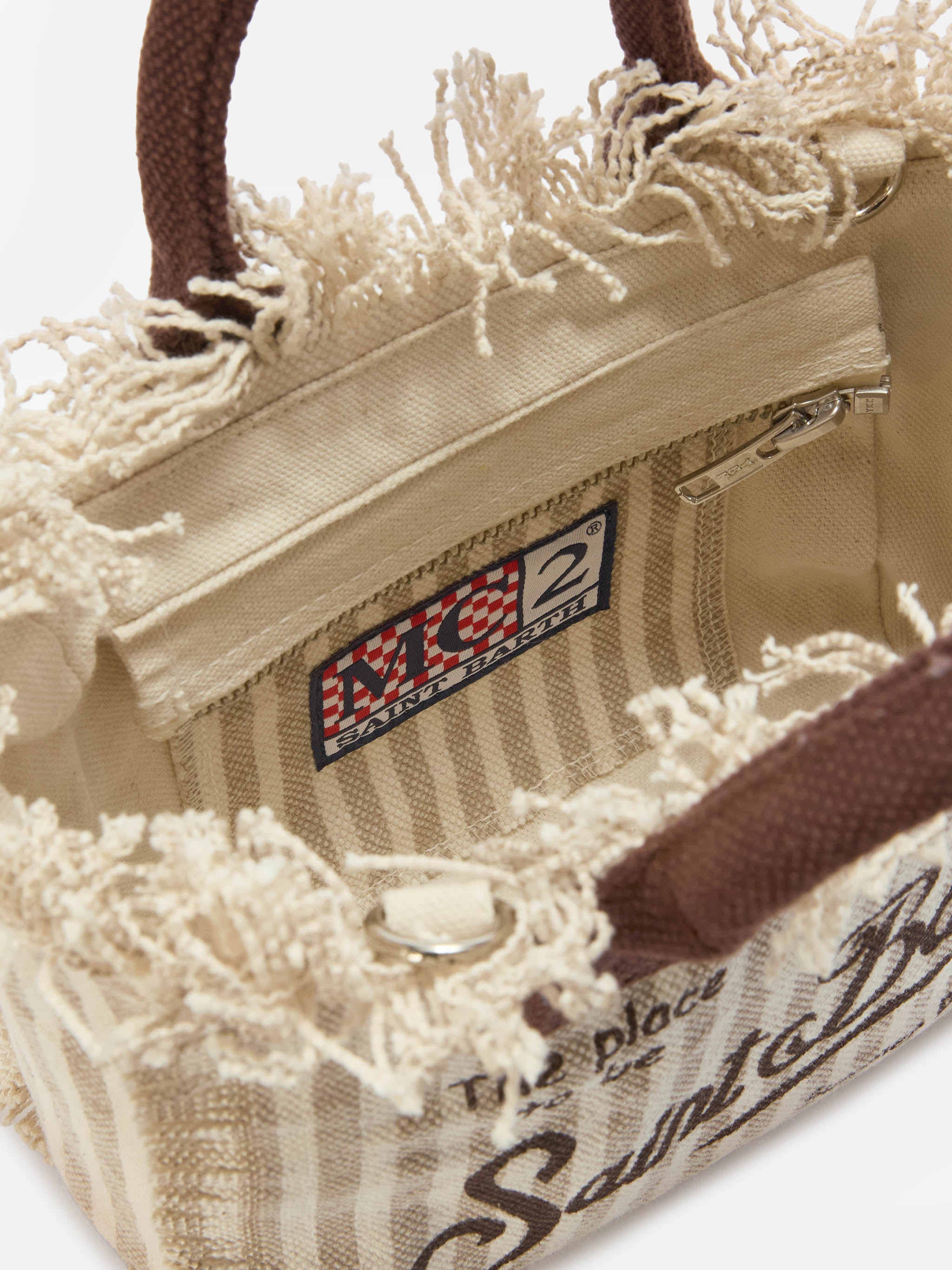 Canvas Vanity Mini Bag With Brown Stripes And Contrast Details