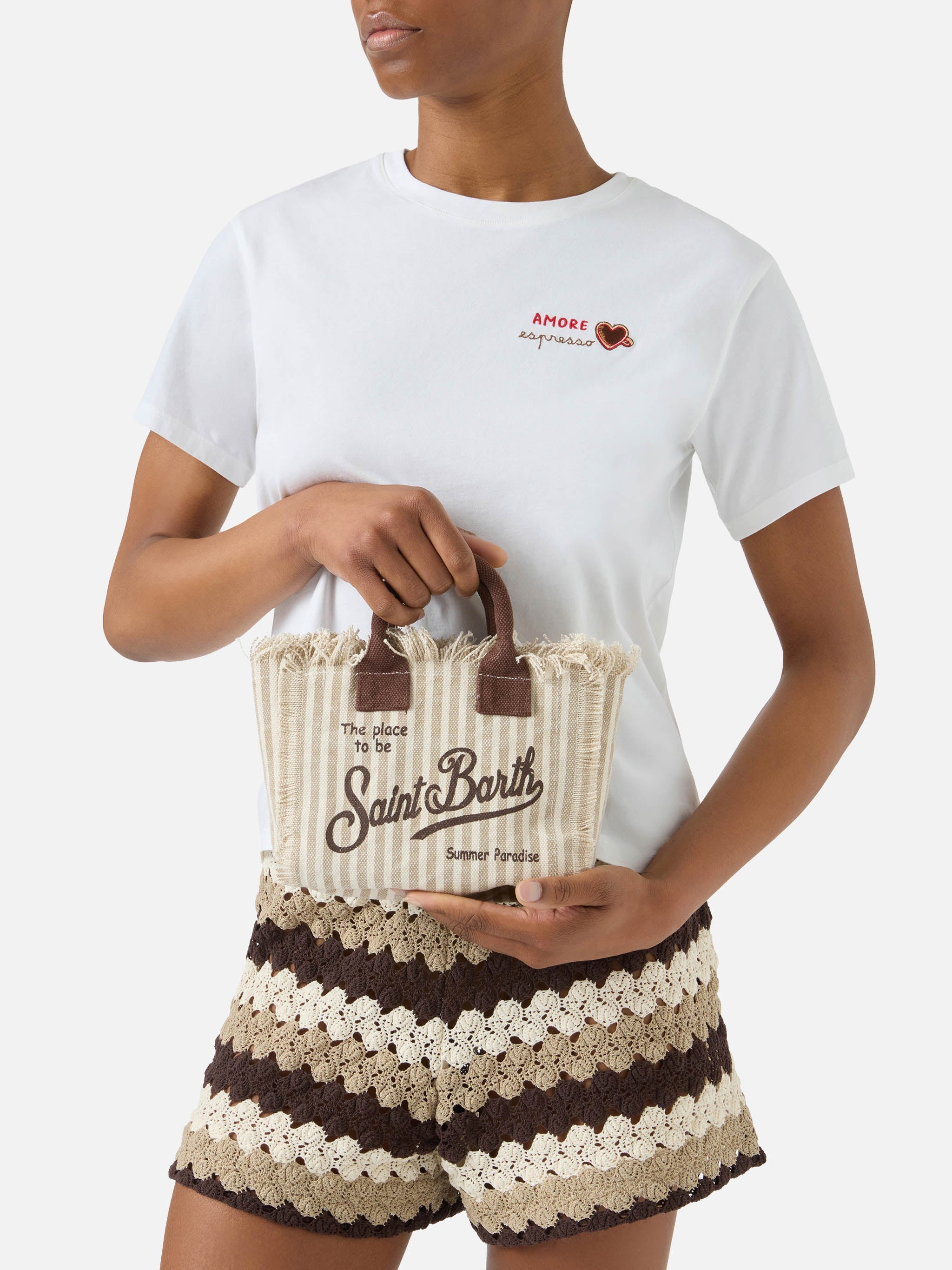 Canvas Vanity Mini Bag With Brown Stripes And Contrast Details