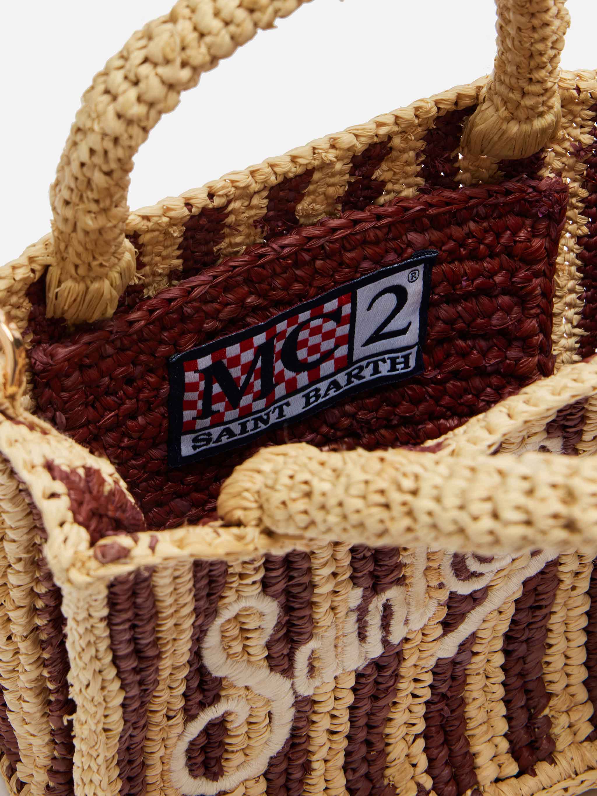 Mini Vanity Raffia Bag With Striped Print Brown