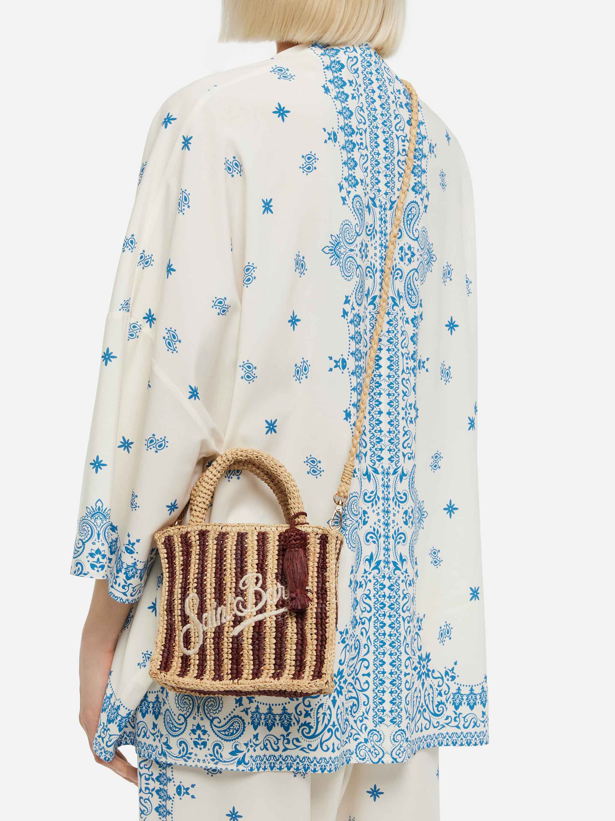 Mini Vanity Raffia Bag With Striped Print Brown