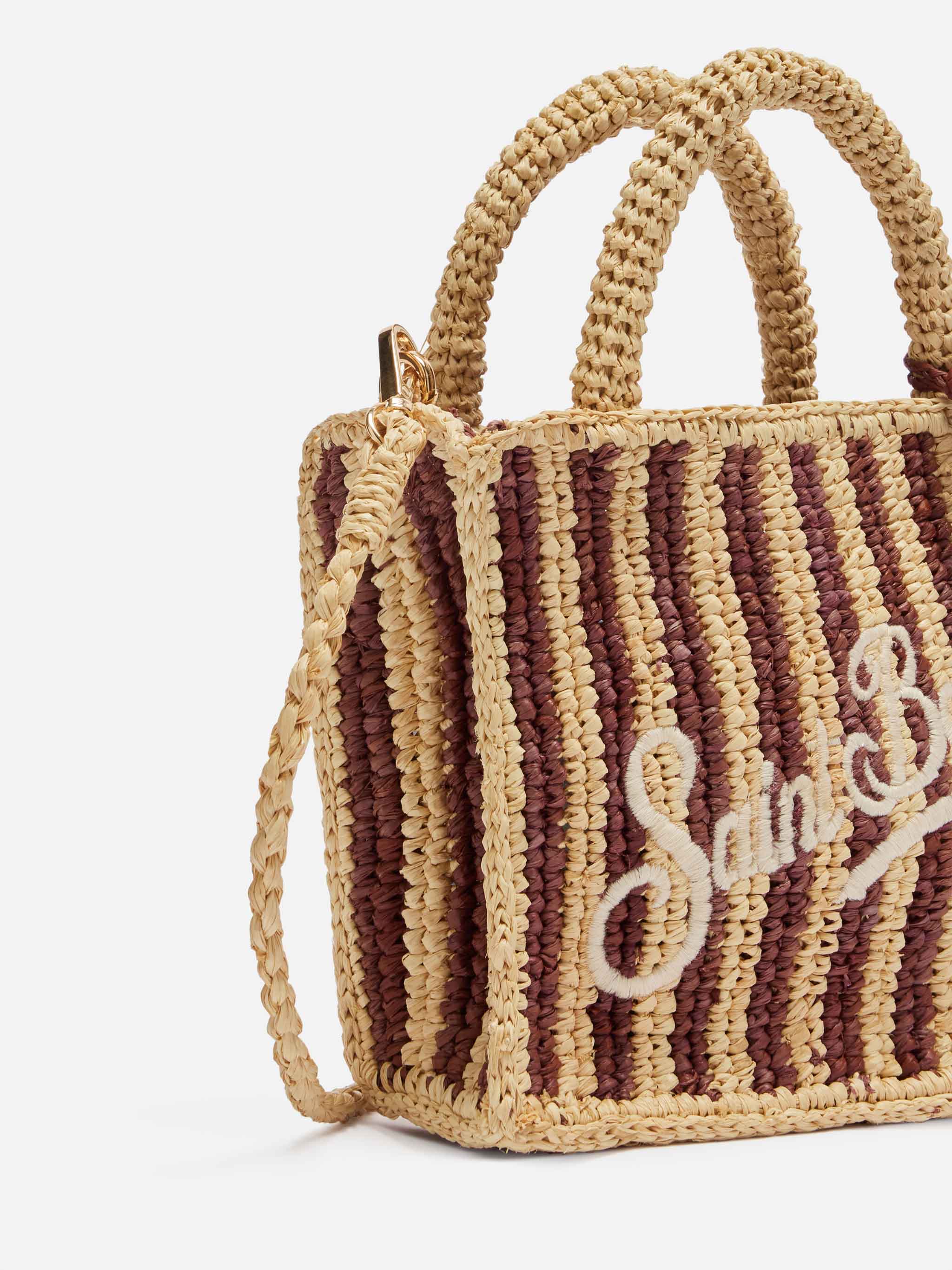 Mini Vanity Raffia Bag With Striped Print Brown