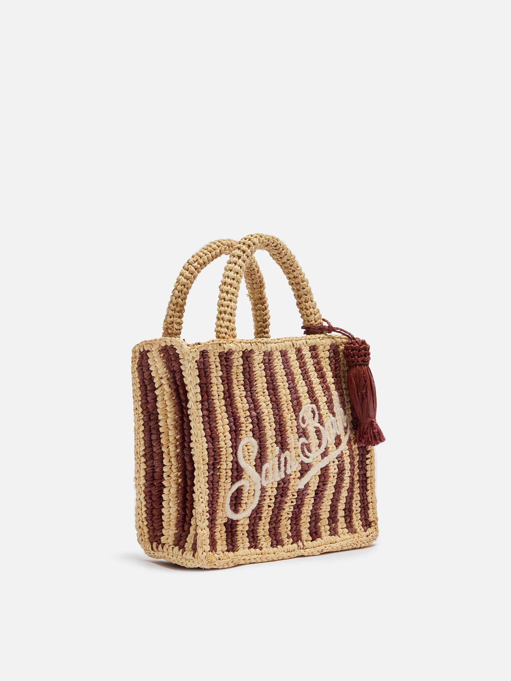 Mini Vanity Raffia Bag With Striped Print Brown