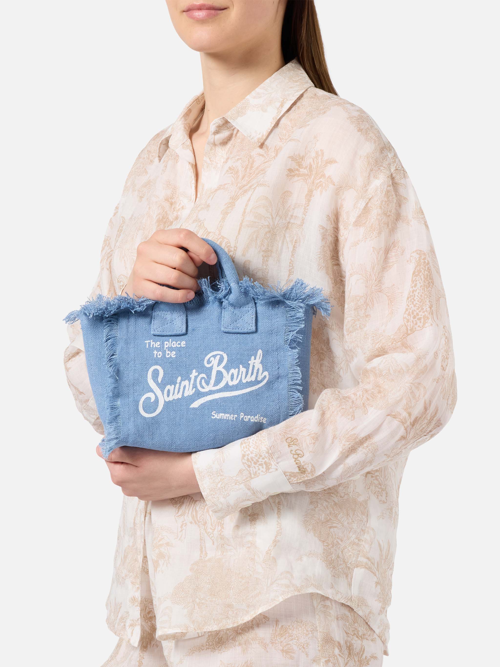 Blue Solid Linen Vanity Mini Bag With Removable Strap Sky