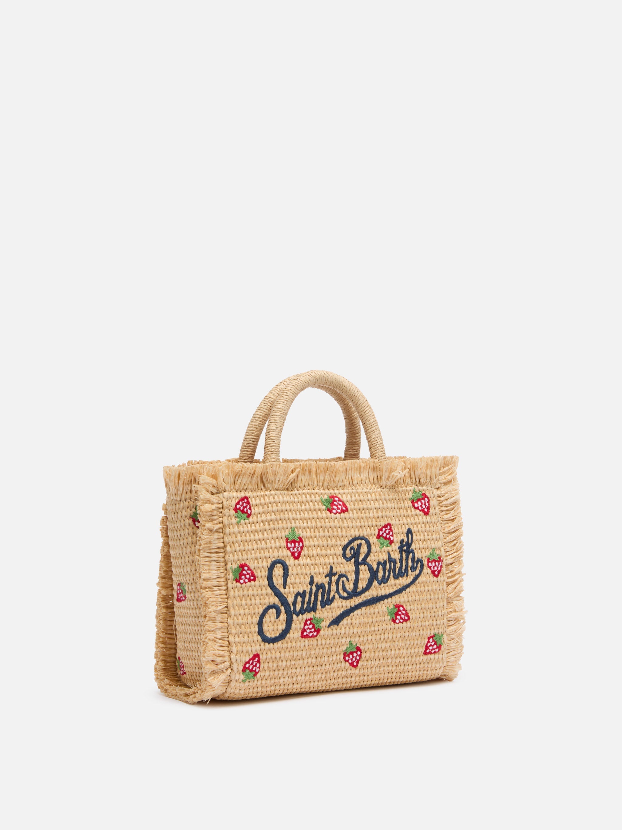 Mini Vanity Straw Effect Bag With Strawberry Patch Applied Beige
