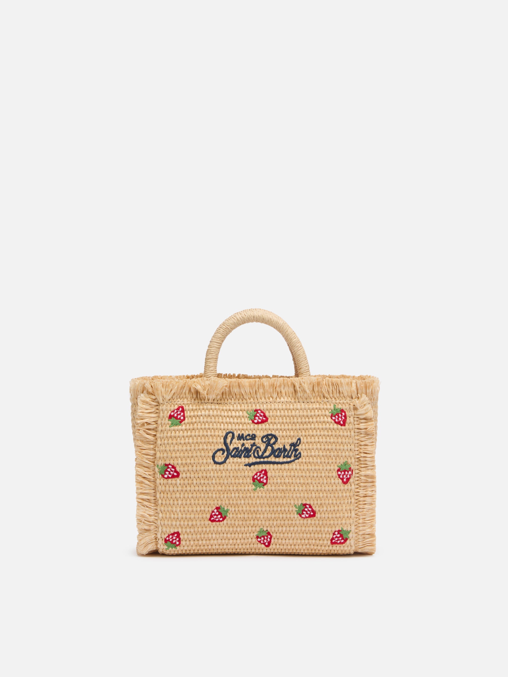 Mini Vanity Straw Effect Bag With Strawberry Patch Applied Beige
