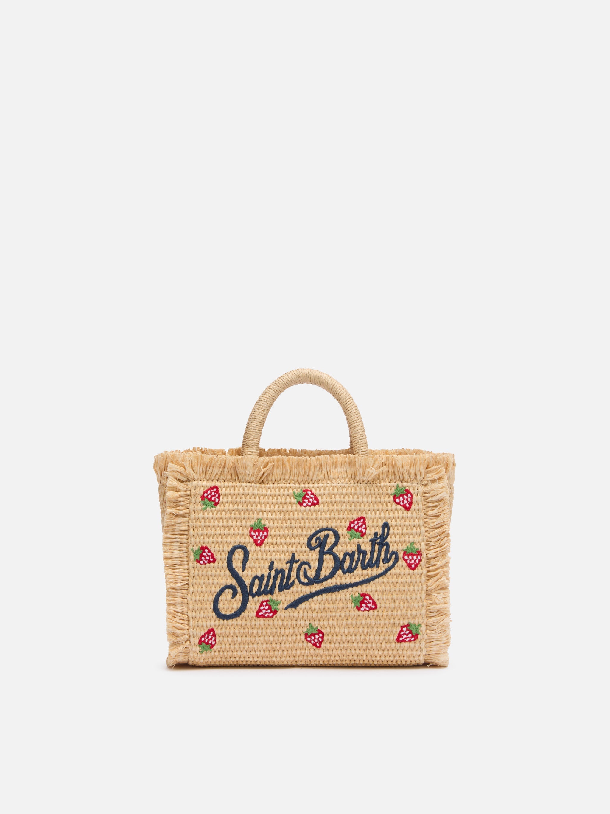 Mini Vanity Straw Effect Bag With Strawberry Patch Applied Beige