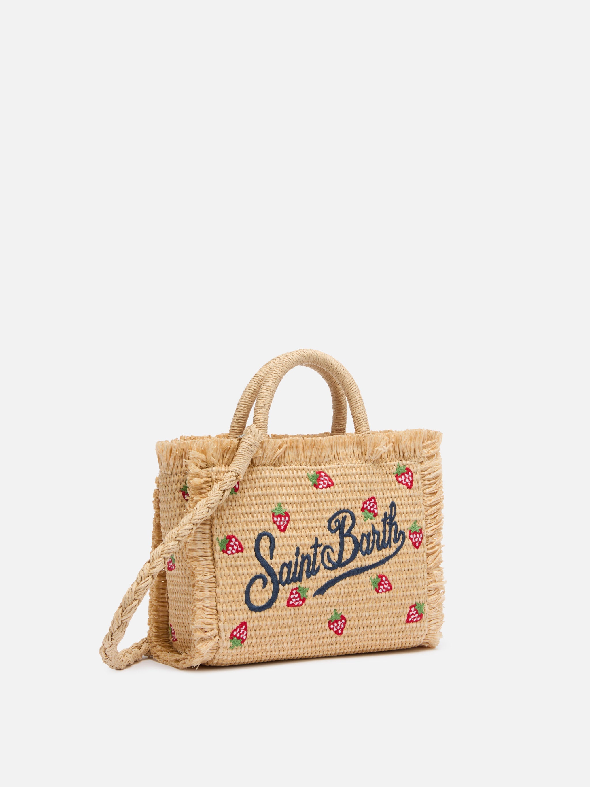 Mini Vanity Straw Effect Bag With Strawberry Patch Applied Beige