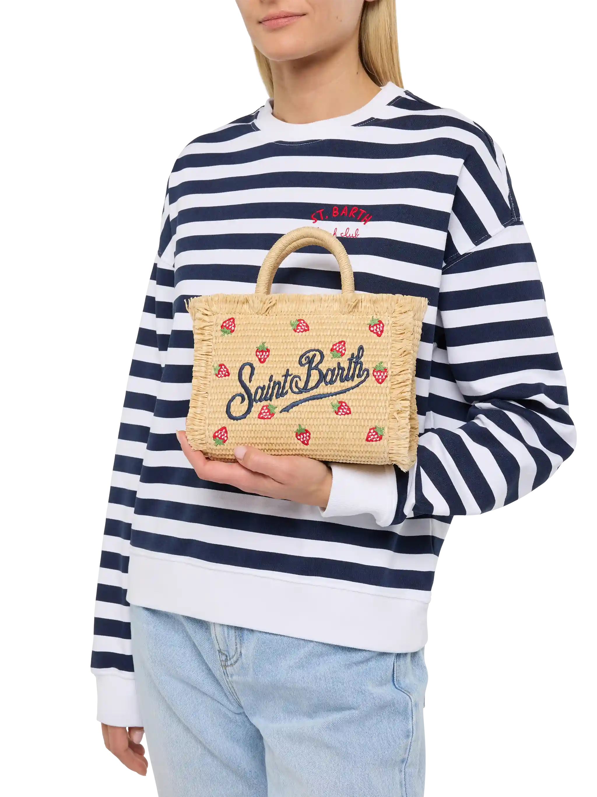 Mini Vanity Straw Effect Bag With Strawberry Patch Applied Beige