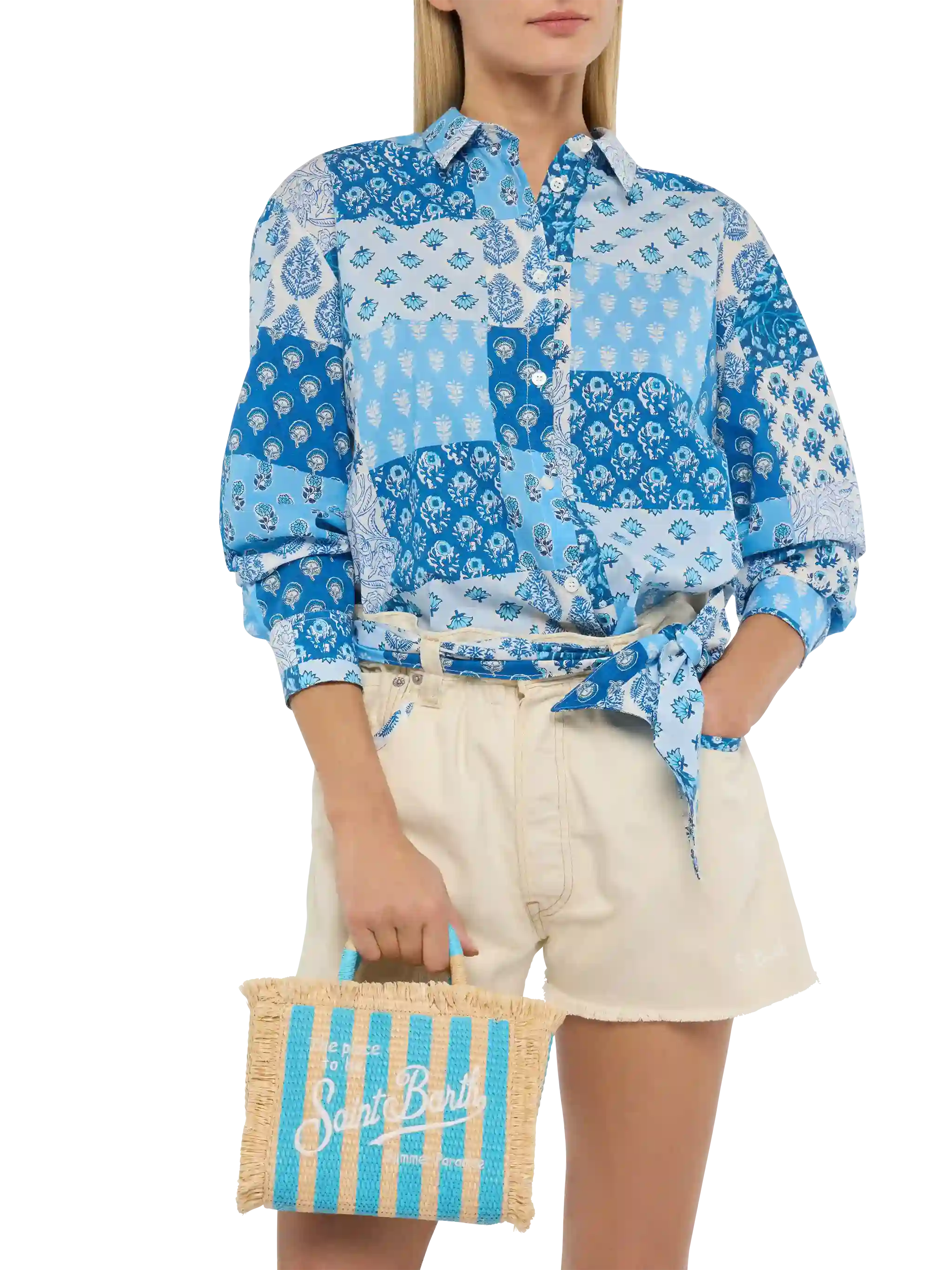Mini Vanity Straw Effect Bag With Striped Print Sky