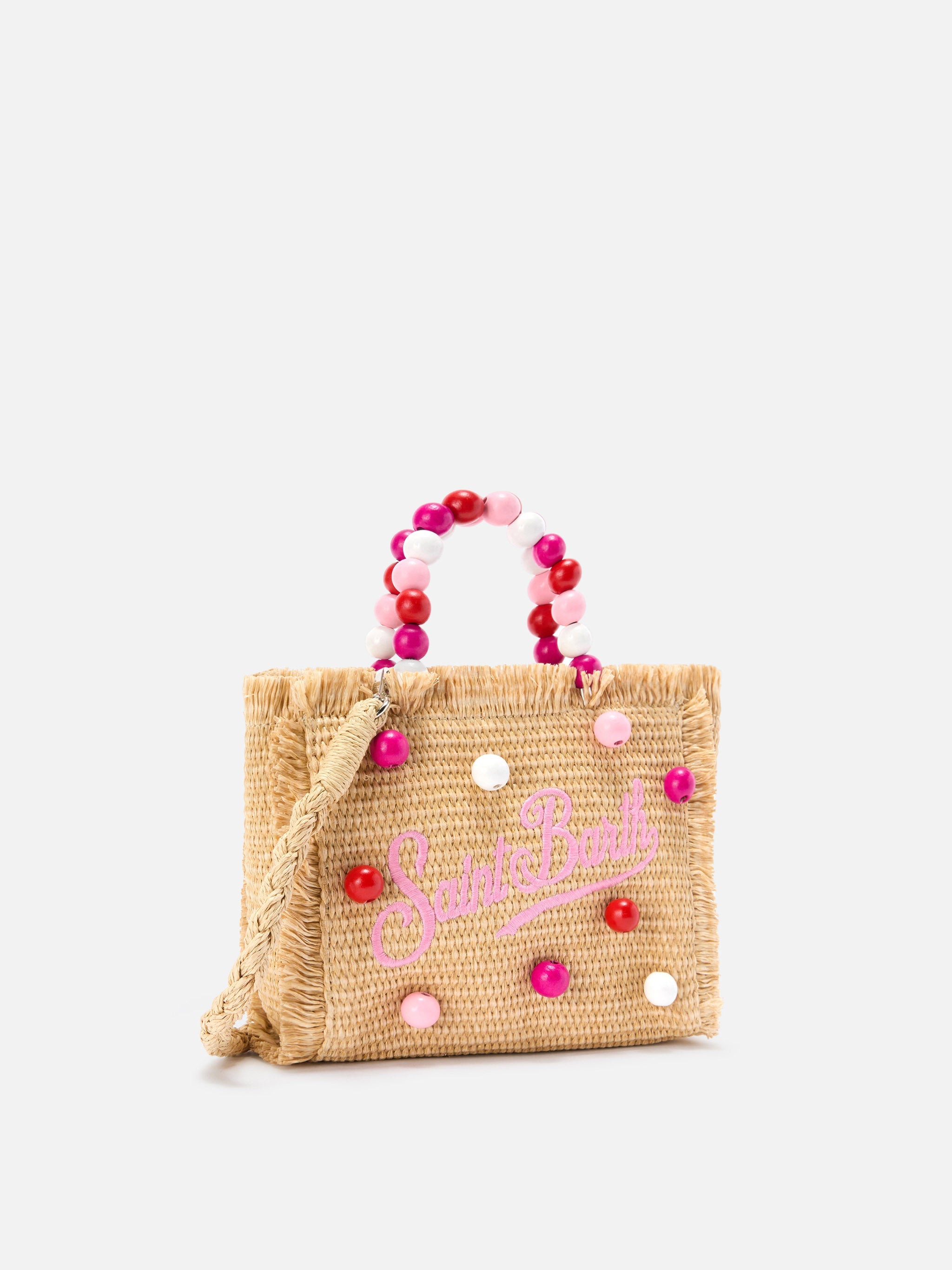 Vanity Mini Straw Effect Bag With Beaded Handle Pink