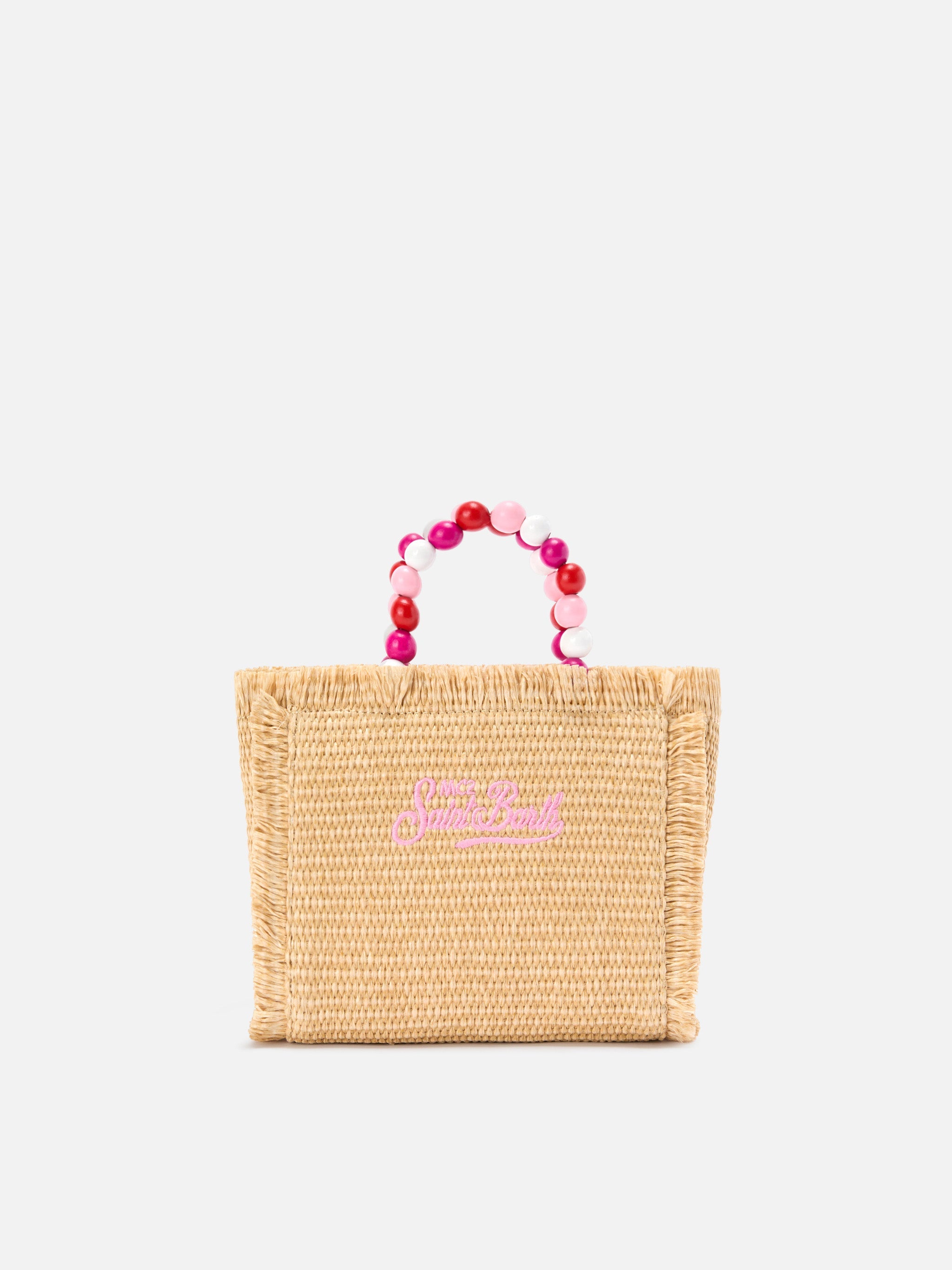 Vanity Mini Straw Effect Bag With Beaded Handle Pink