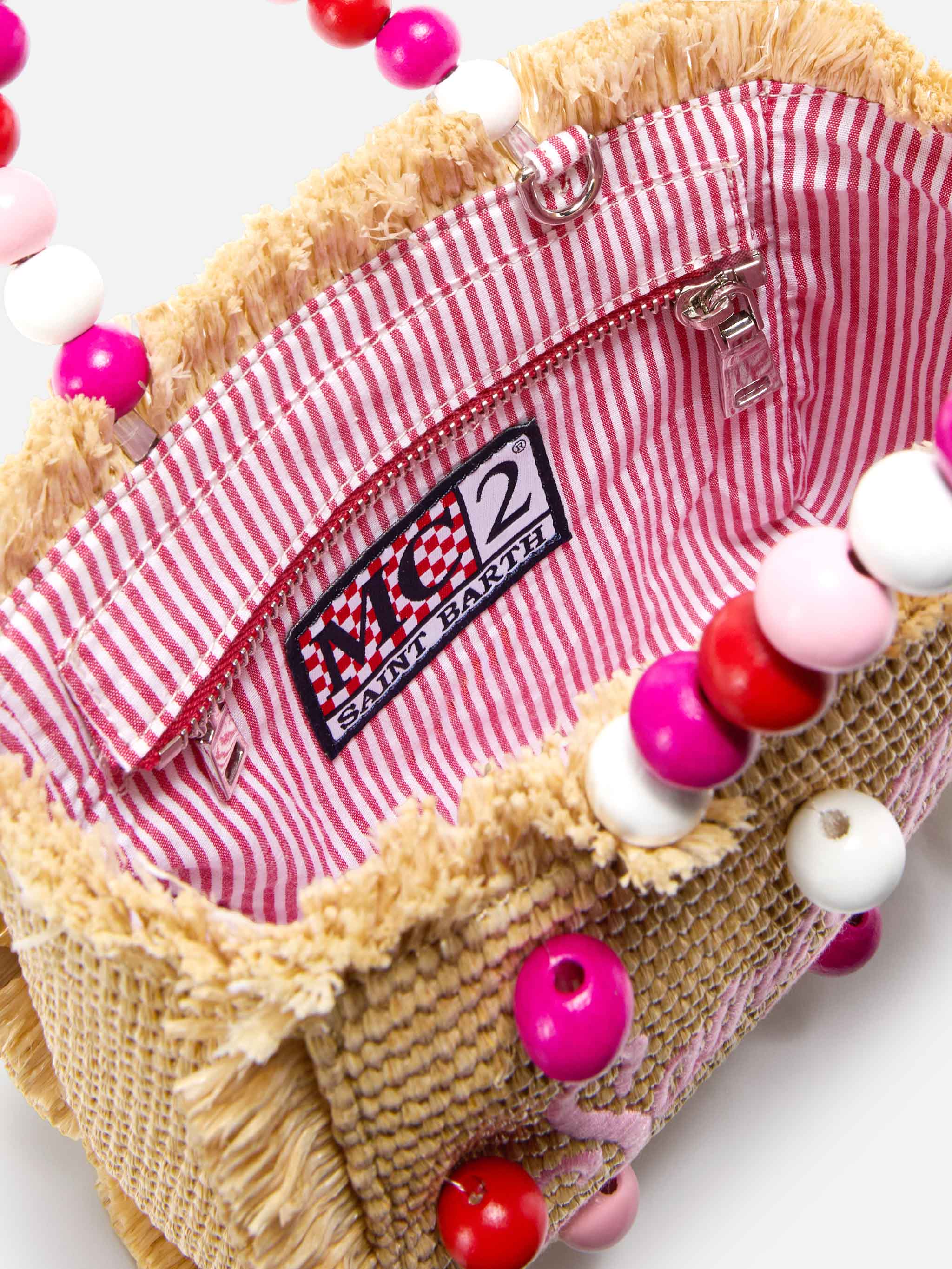 Vanity Mini Straw Effect Bag With Beaded Handle Pink