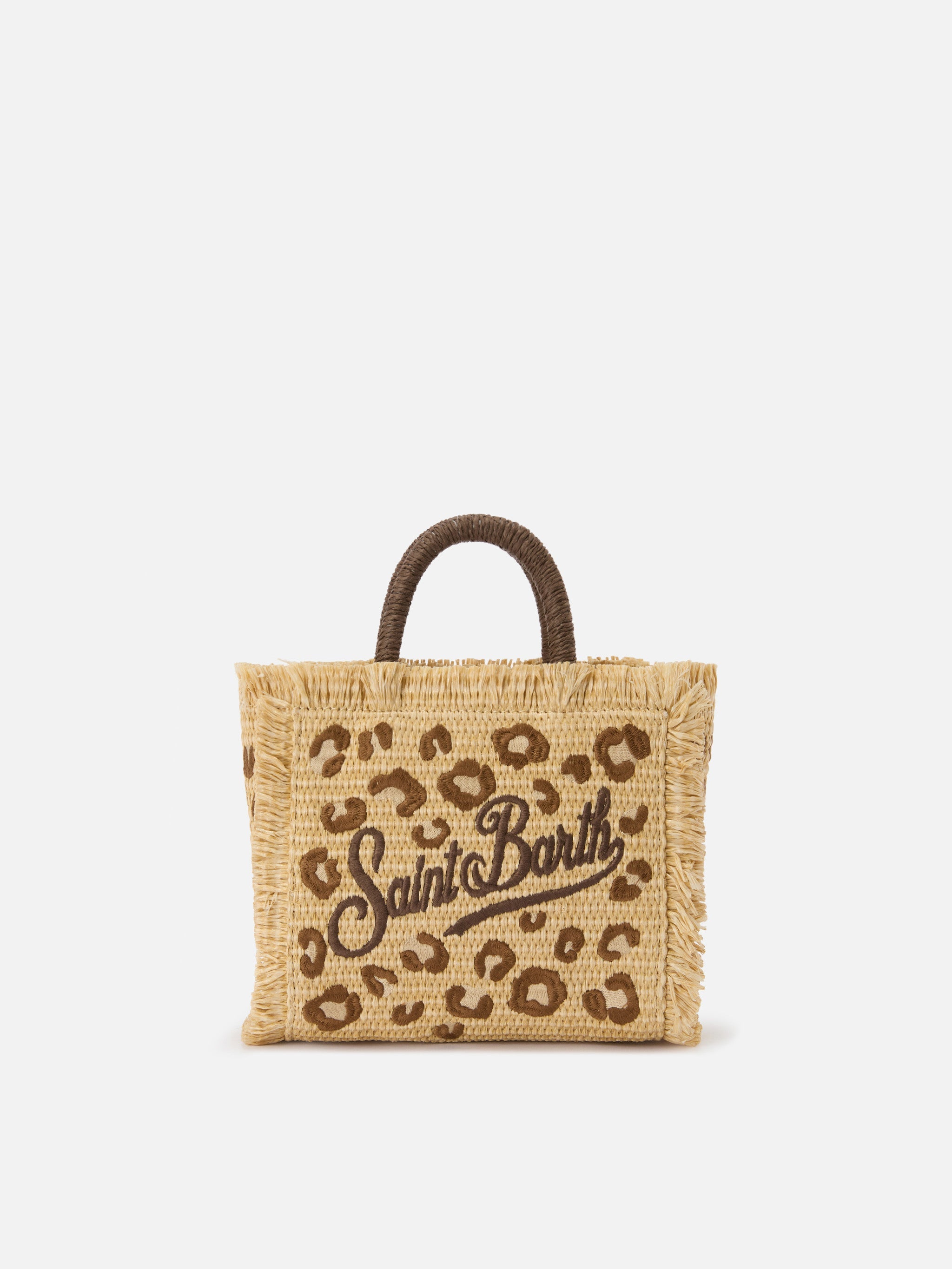 Vanity Mini Straw Effect Bag With Leopard Embroidery Brown